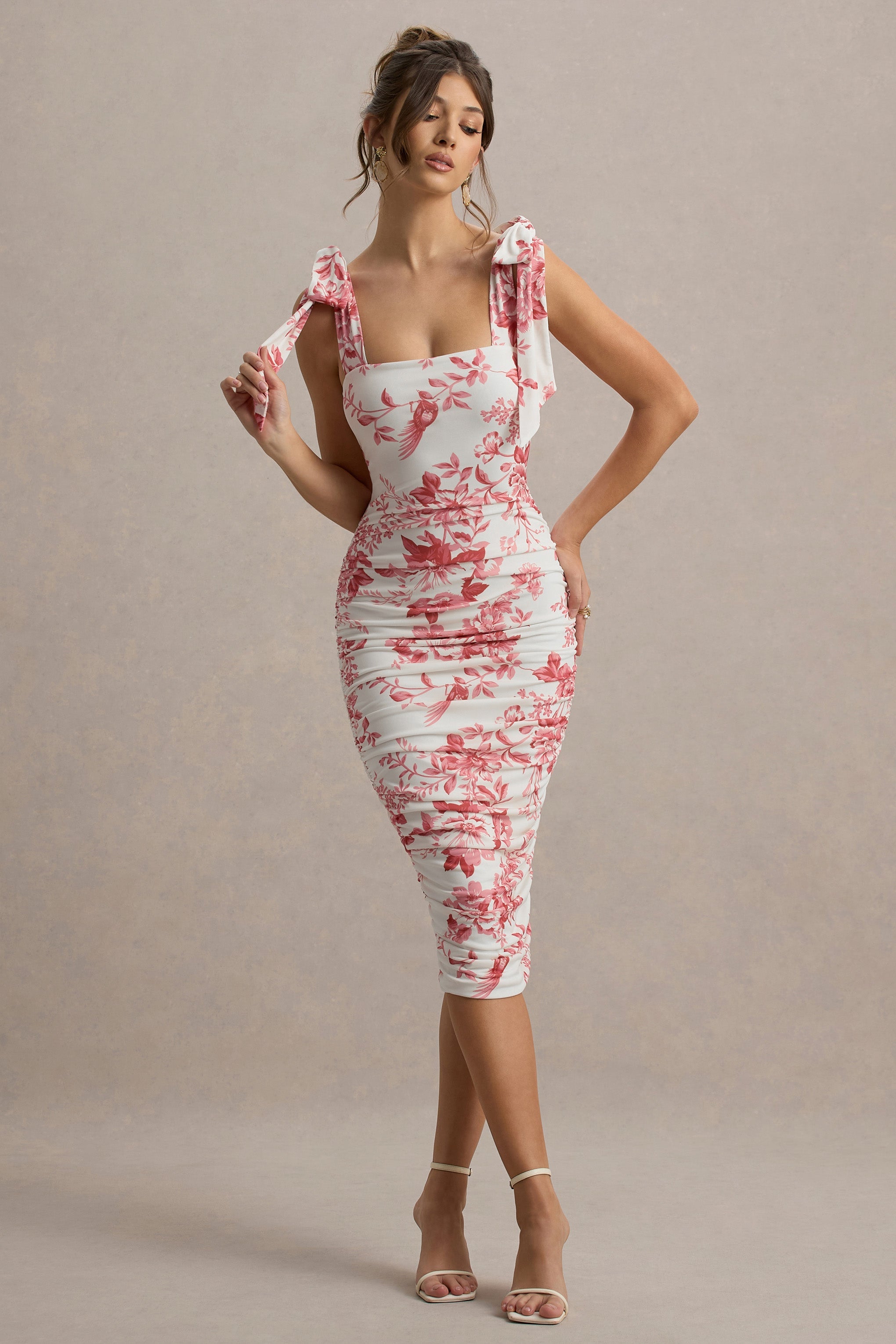 Cordelia | Pink Porcelain Print Bodycon Midi Dress With Bow Straps