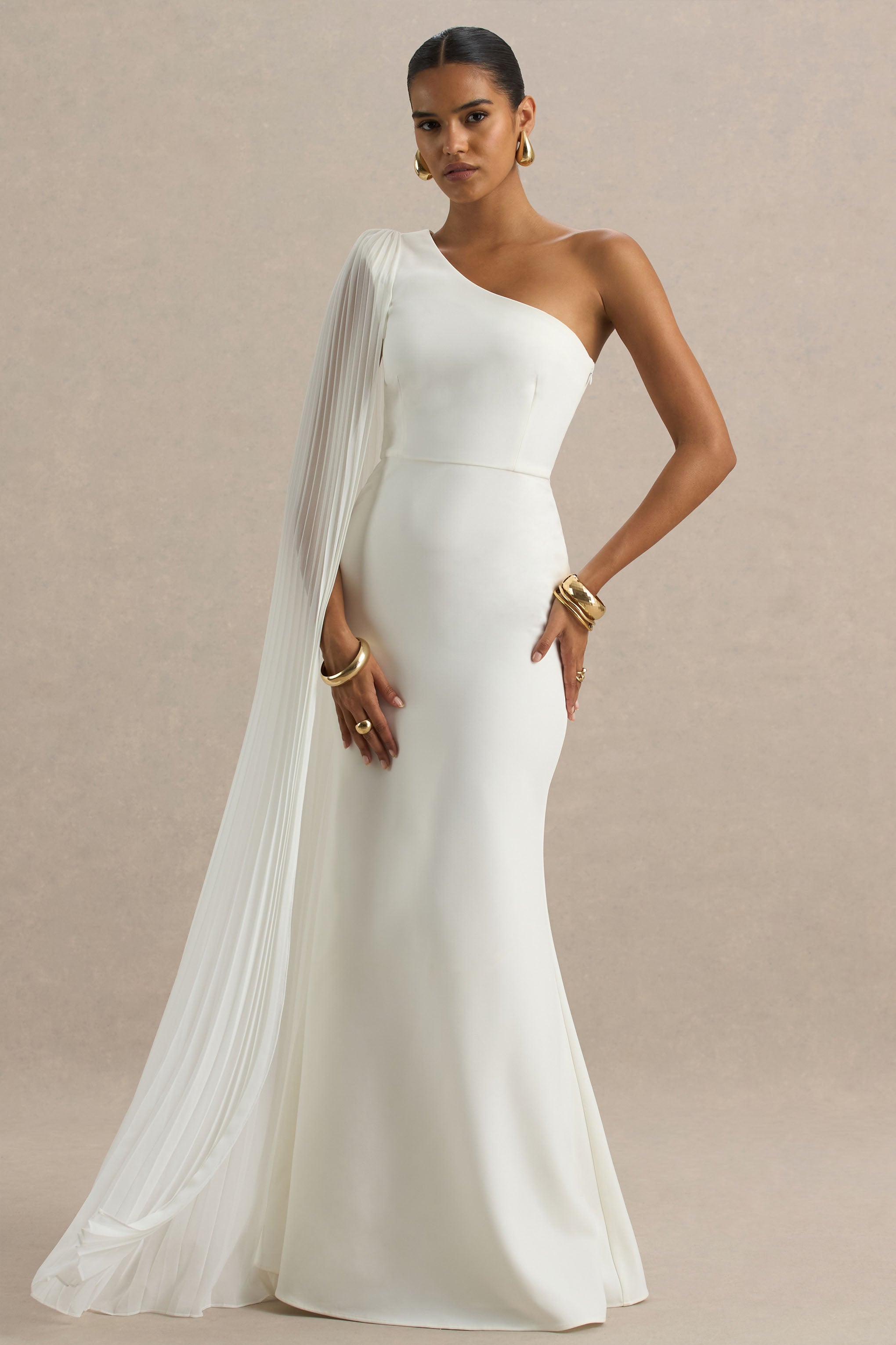 Athens | White Asymmetric-Neck Maxi Dress With Cape Sleeve Detail