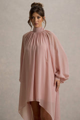 Delphia | Pale Pink High-Neck Maxi Dress With High-Low Hem