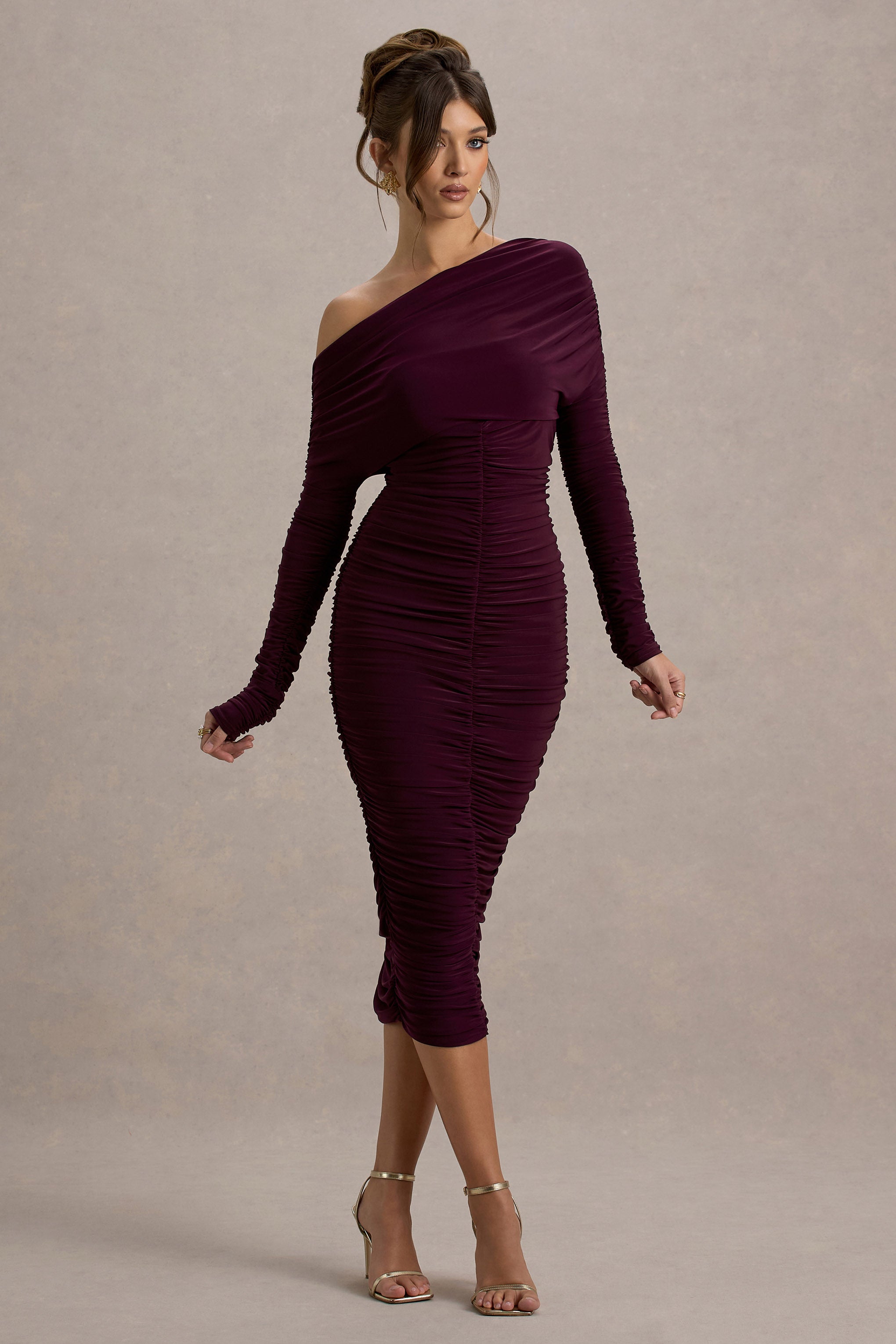 Sinclair | Plum Ruched One-Shoulder Bodycon Midi Dress