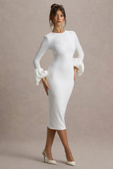 Celie | White Long-Sleeve Midi Dress With Puff Cuffs