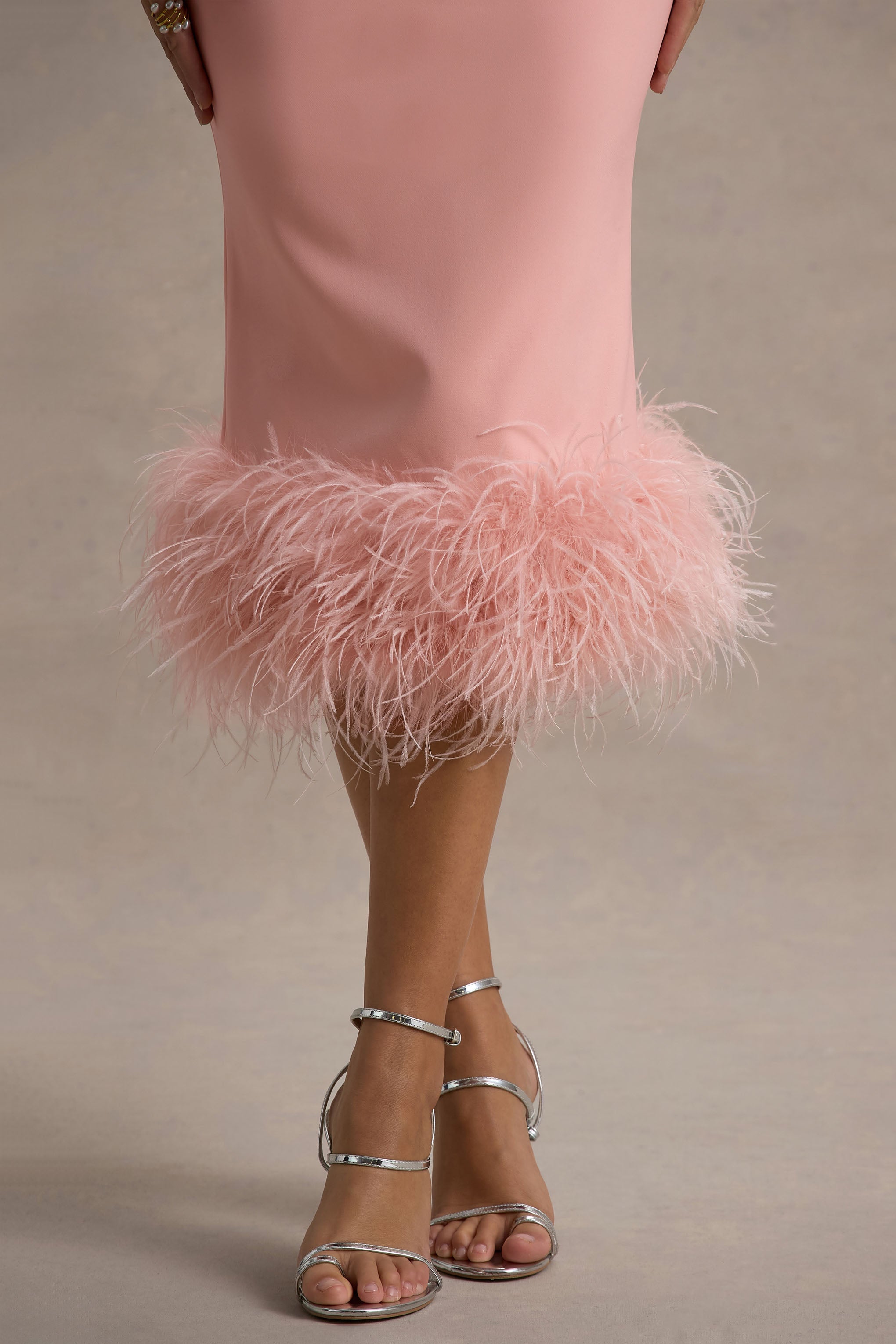 Titania | Pink Twist-Neck Feather Hem Midi Dress