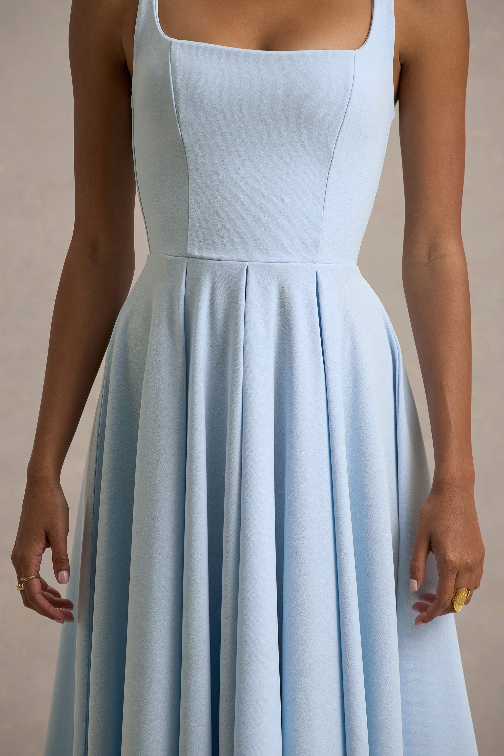 Parina | Powder Blue Strappy Volume-Hem Midi Dress