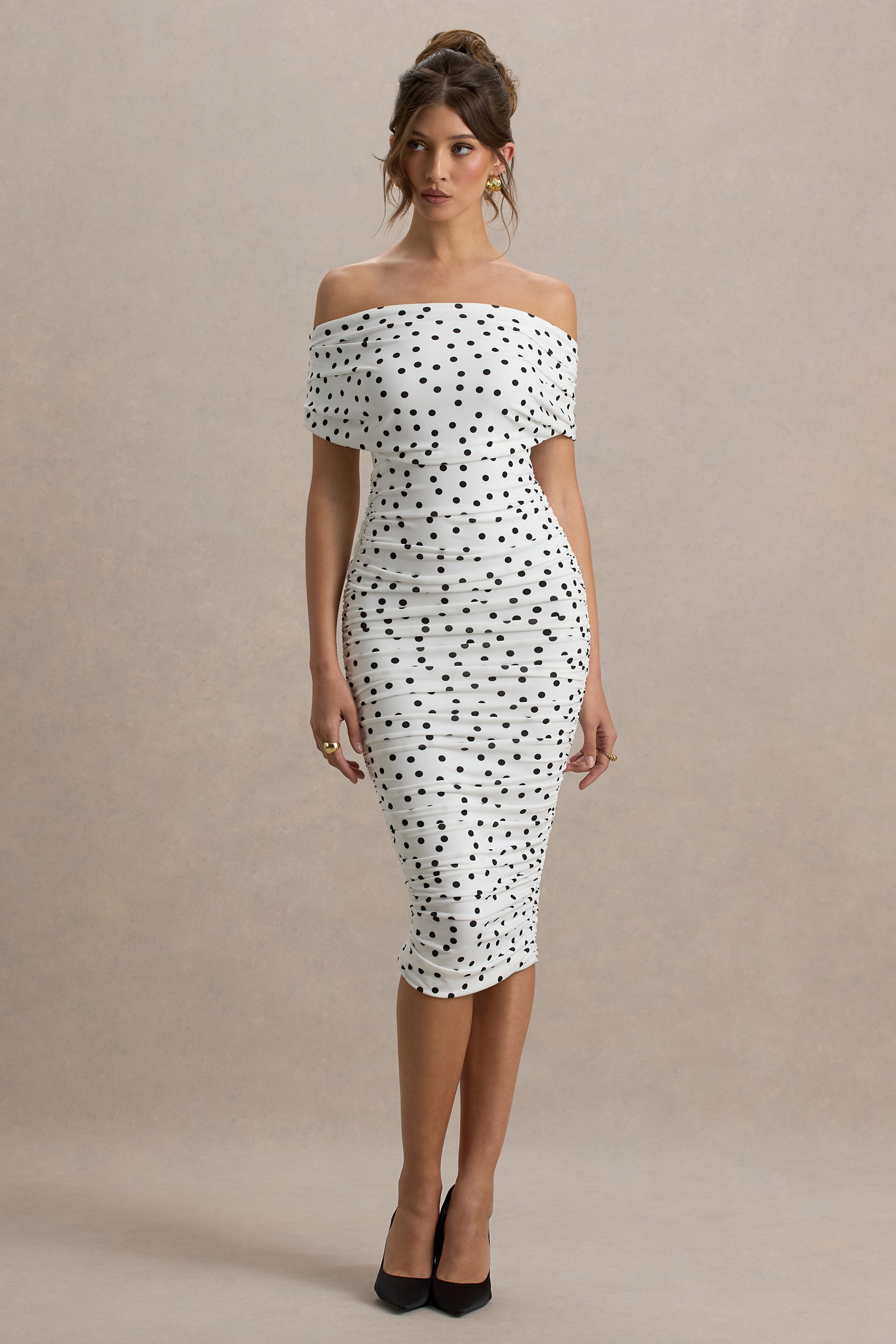 Rayleigh | Polka Dot Bardot Ruched Midi Dress