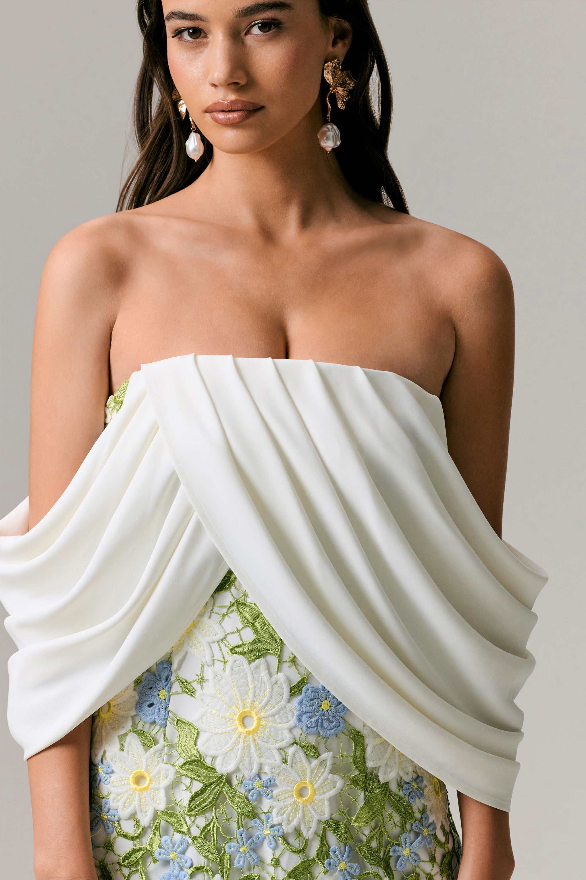 Entitled | Cream Floral Lace Bardot Midi Dress