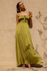 Azalea | Green Square-Neck Maxi Dress With Chest Cut-Out And Pleated Detailing
