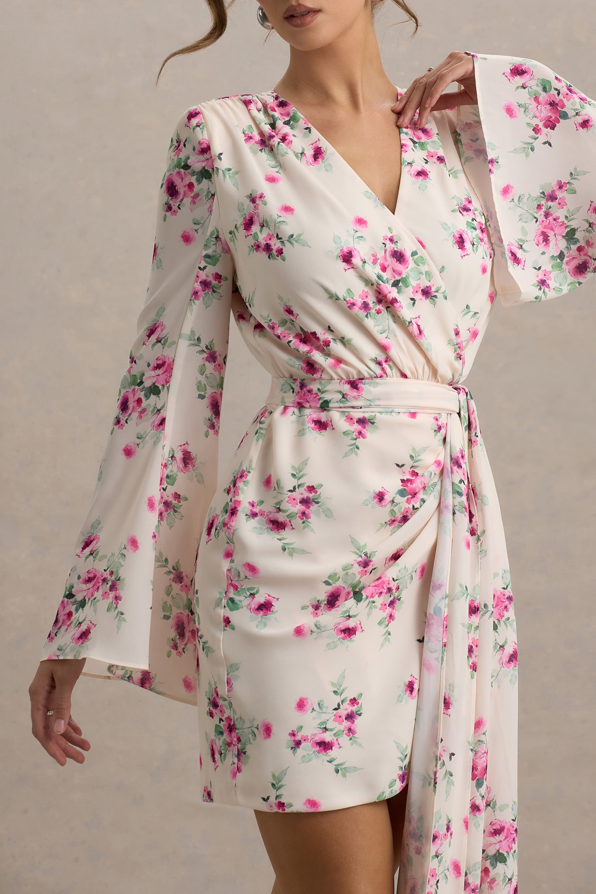 Goldie | Cream Floral Print Chiffon Long-Sleeve Wrap Mini Dress
