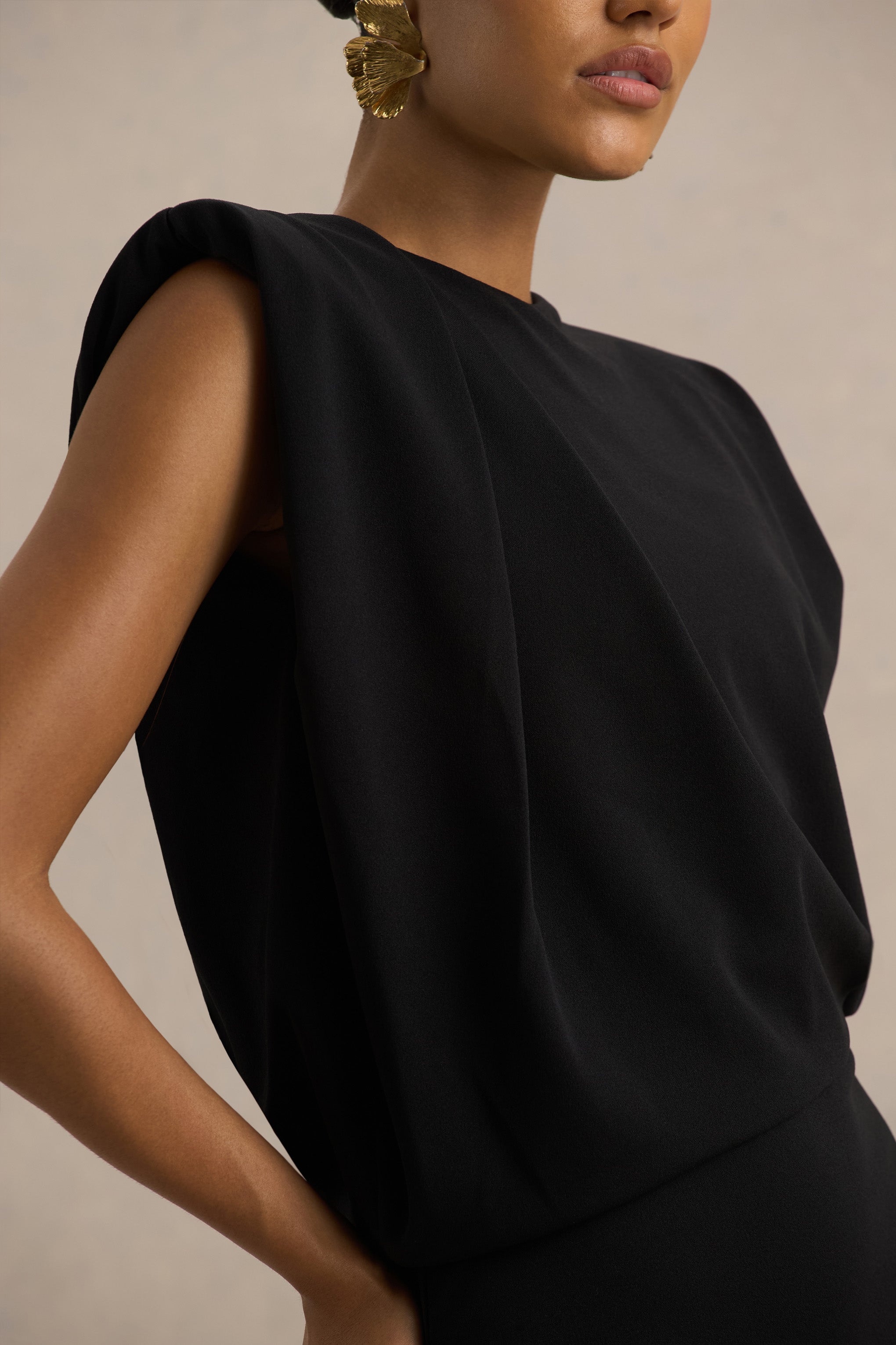 Meave | Black High Neck Maxi Dress With Draping Detail