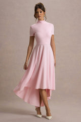 Bellona | Pink High-Neck High-Low Midi Dress