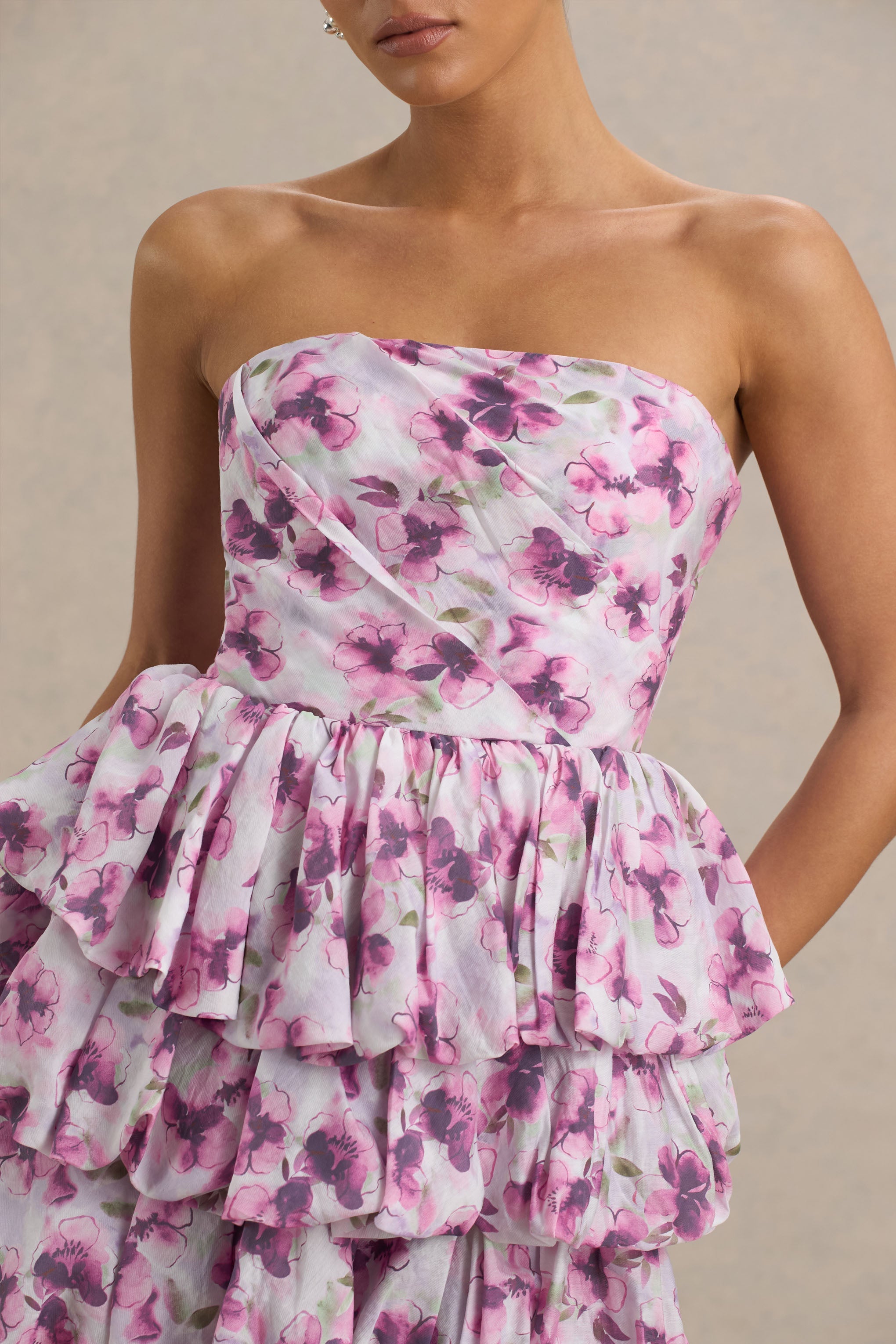 Swirl | Cream Floral Print Bandeau Puffball Mini Dress With Ruffle Detail