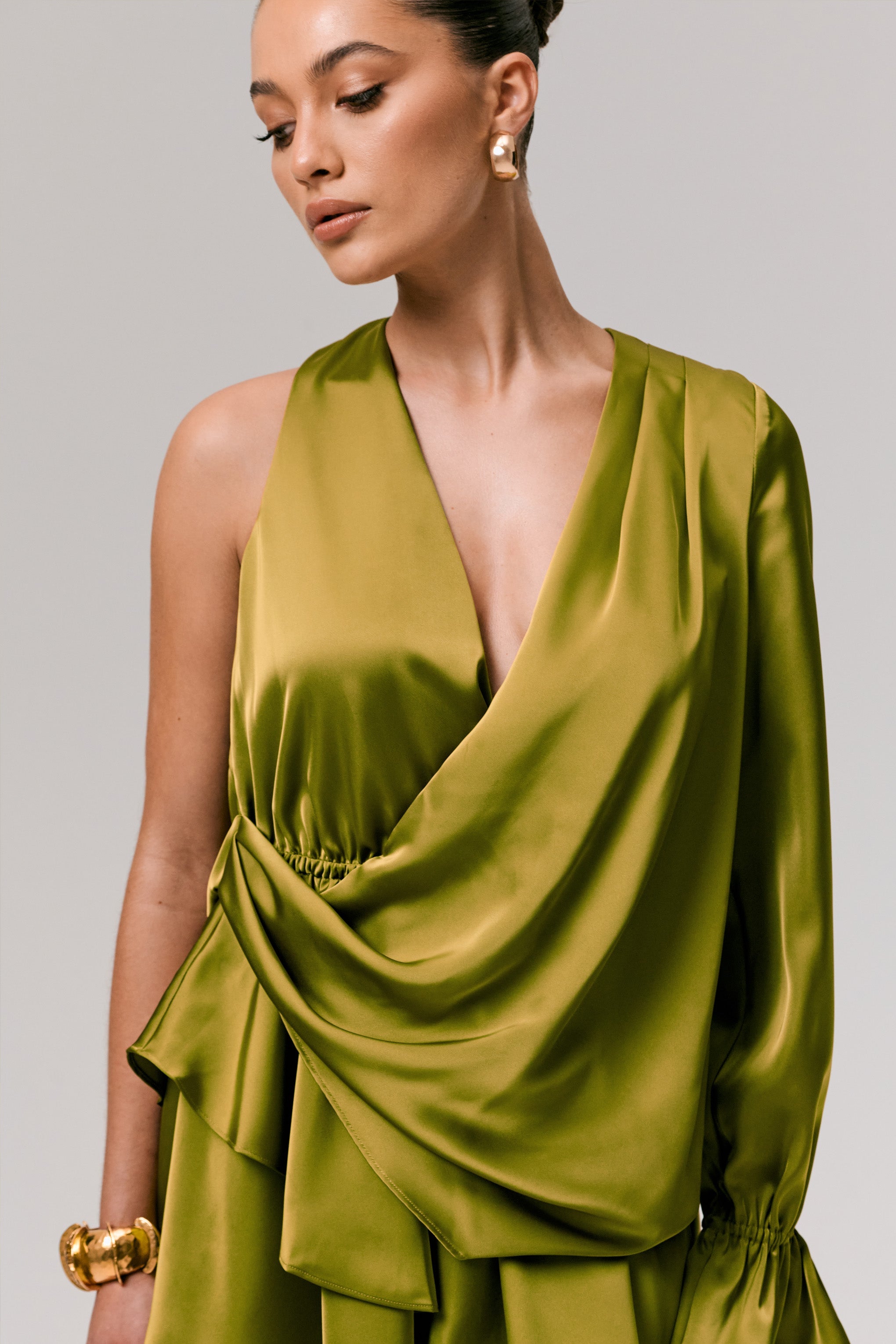 Cara | Olive Satin Plunge-Neck Micro-Mini Dress With Long Sleeve