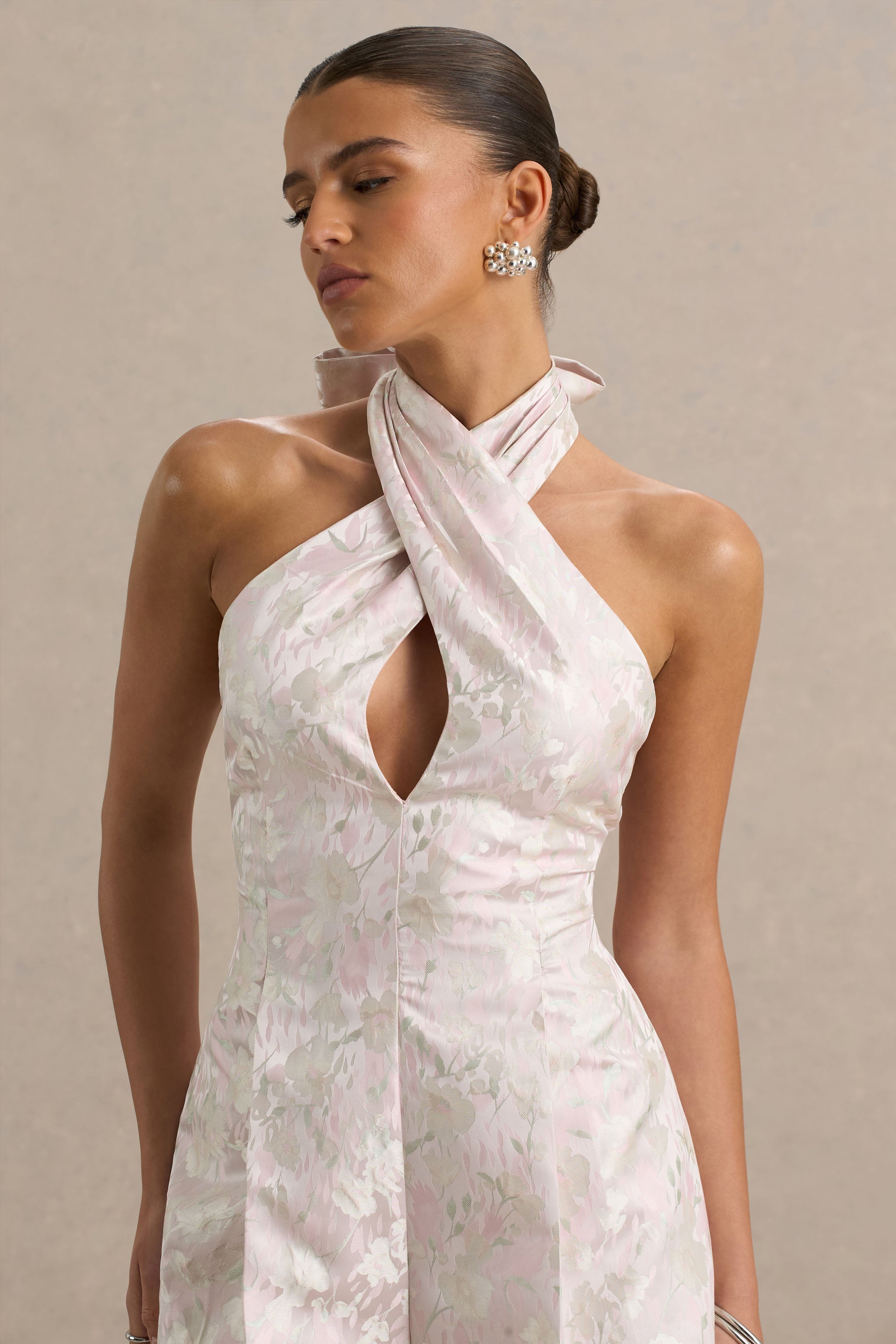 Sharie | Cream Floral Print Jacquard Halter-Neck Playsuit With Cut-Out Detail