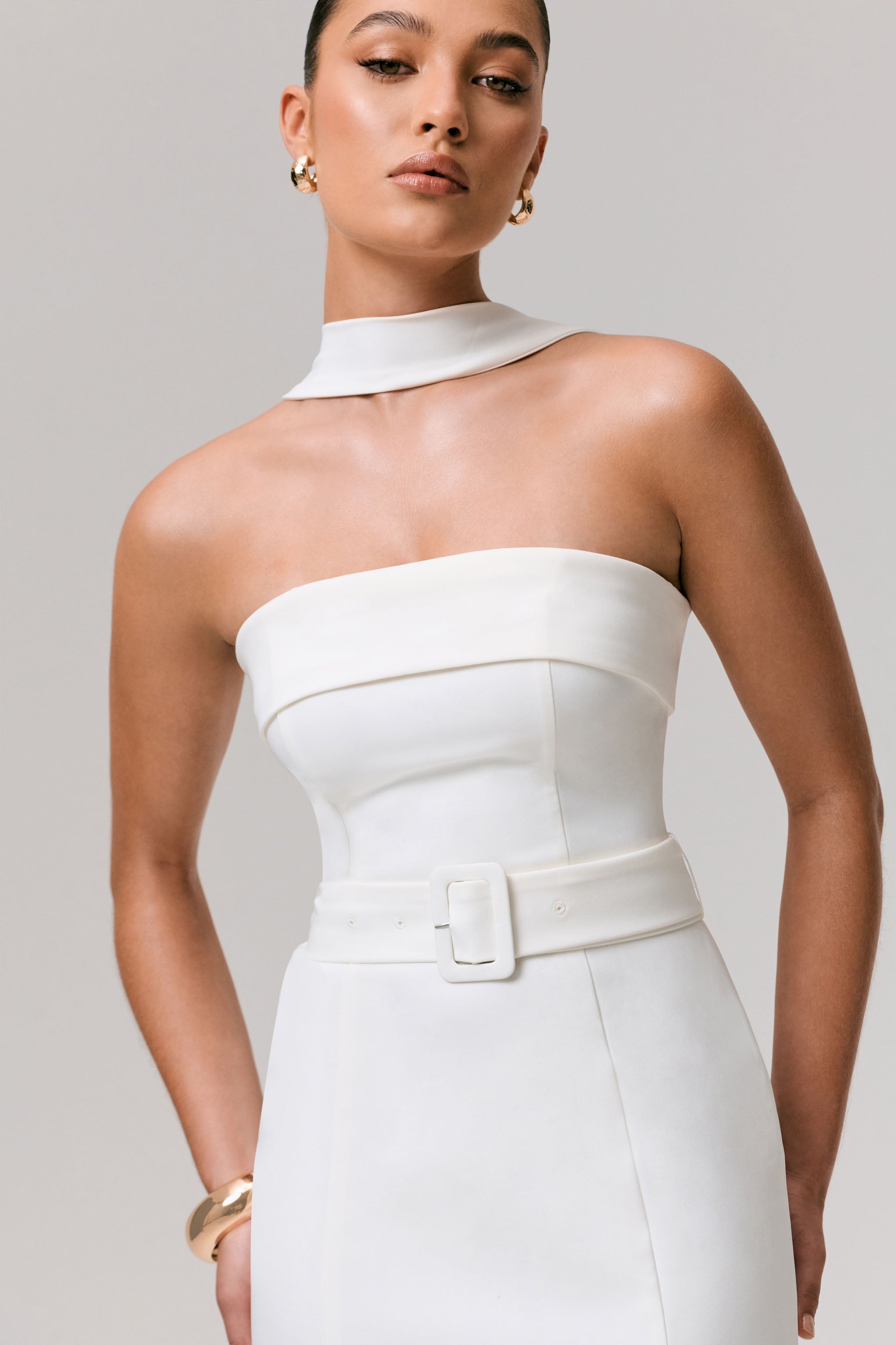 Jaquetta | White Belted Maxi Dress With Pleated Chiffon Skirt