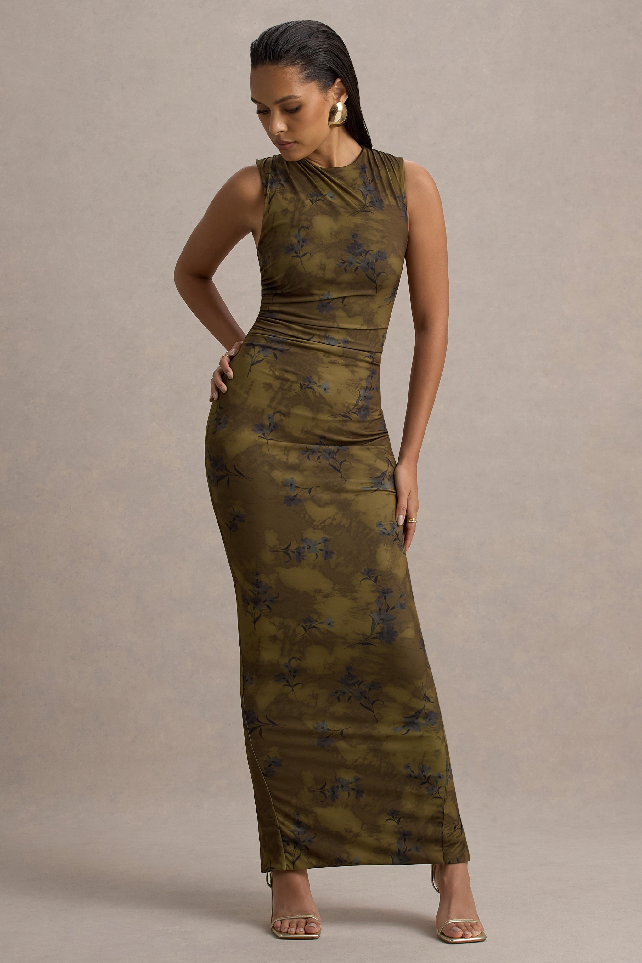Jacinda | Yellow Floral Print Bodycon Maxi Dress