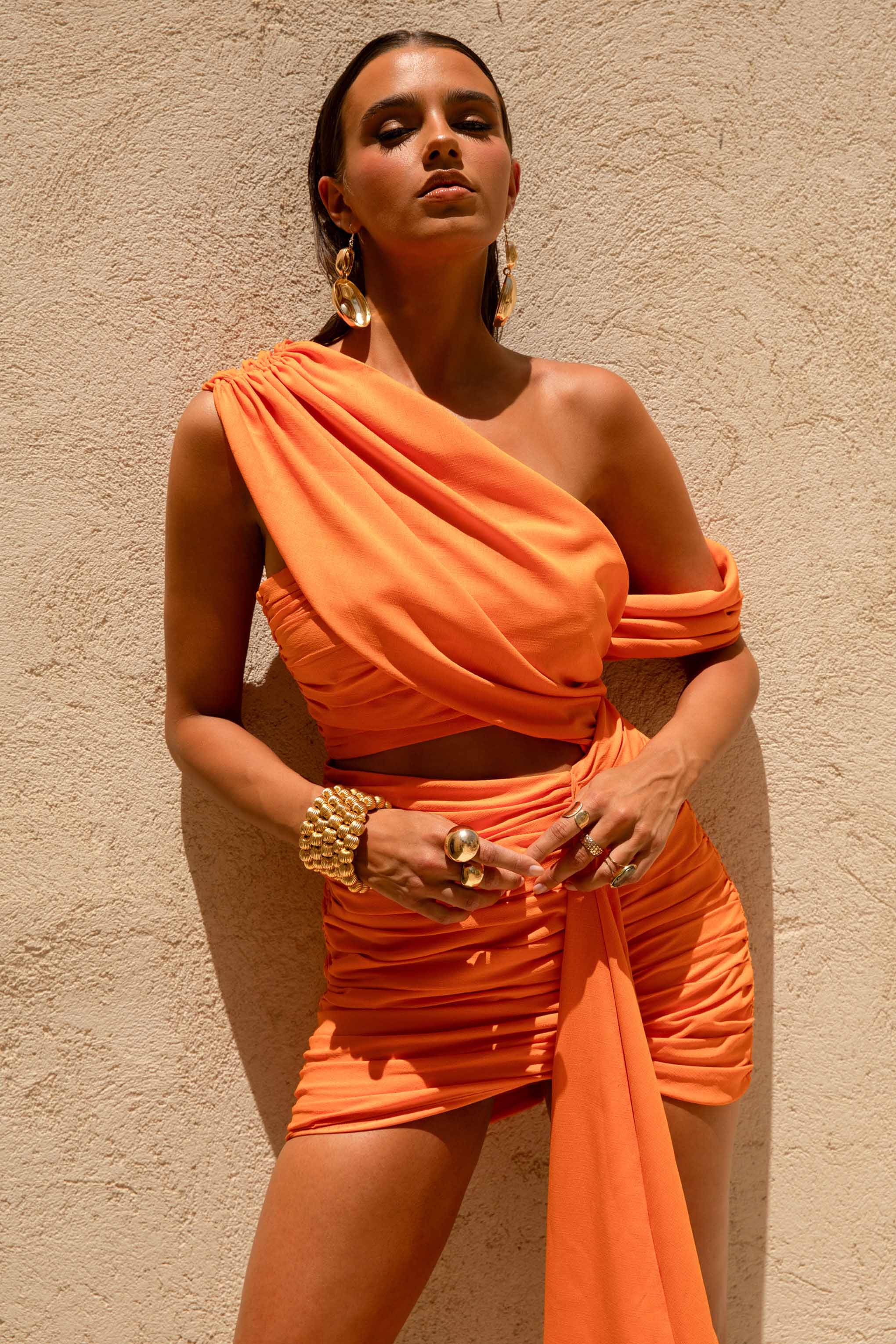 Margo | Orange Linen Asymmetric Mini Dress with Cut-Out Details