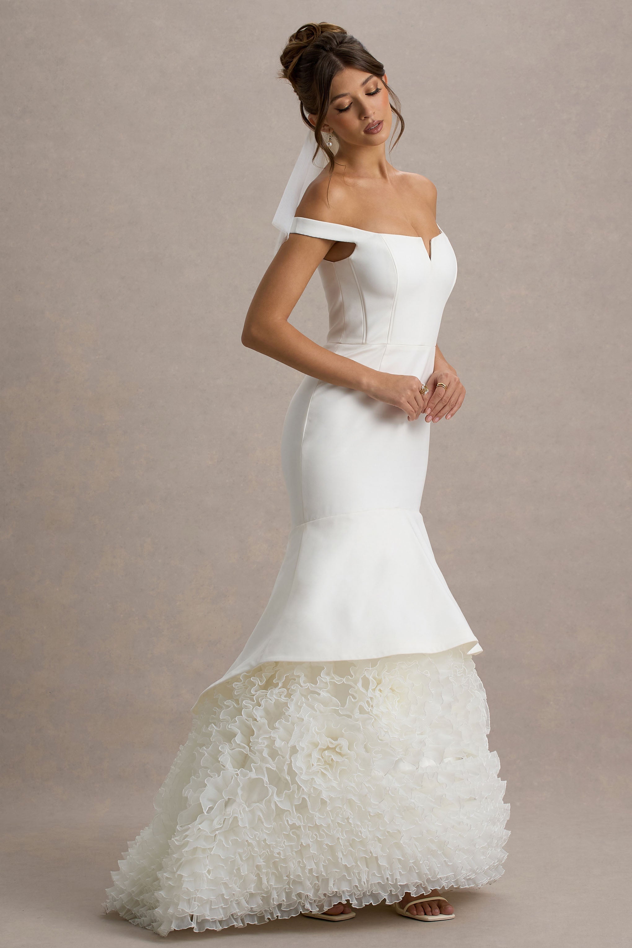 The Greatest | White & Cream Bardot Maxi Dress With Tulle Skirt