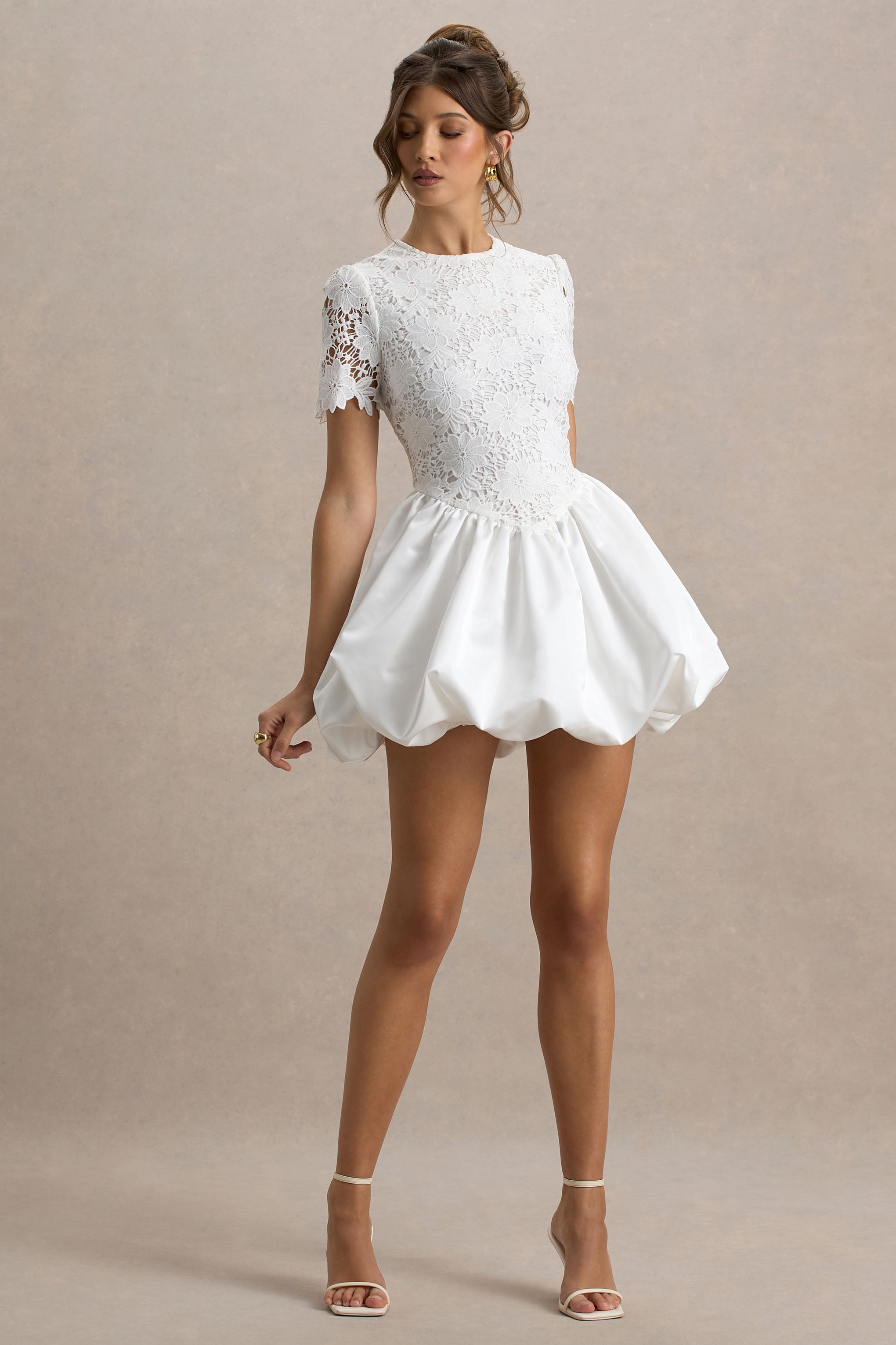 Taffy | White Lace Mini Dress With Satin Puffball Skirt