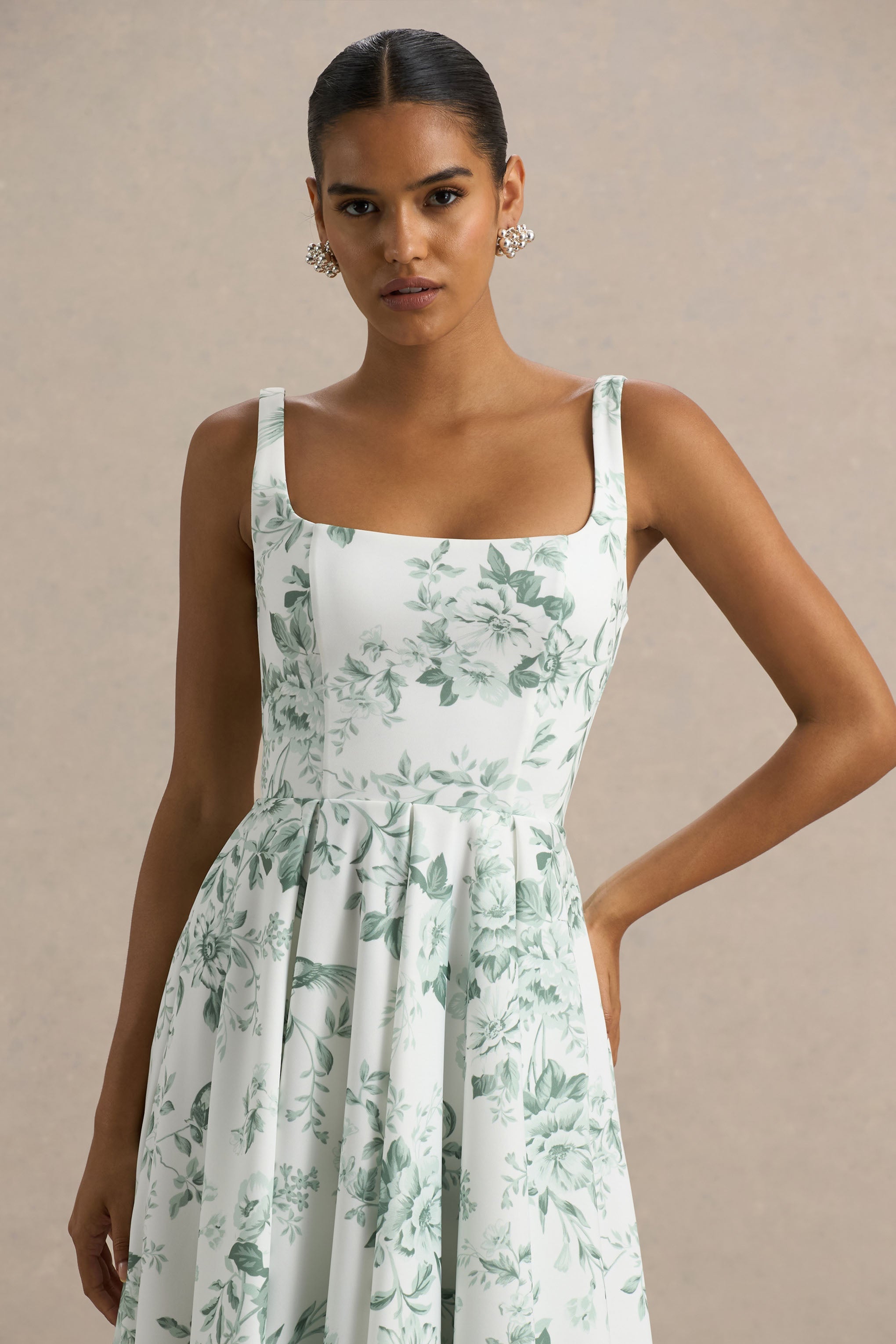 Lissa | Green Porcelain Print Square-Neck Midi Dress