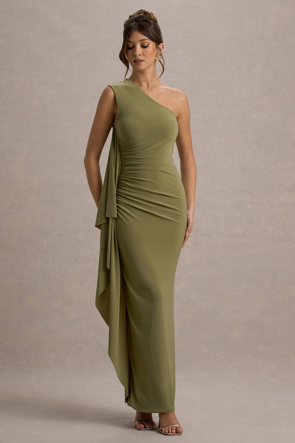 Adelina | Olive One-Shoulder Maxi Dress With Drape