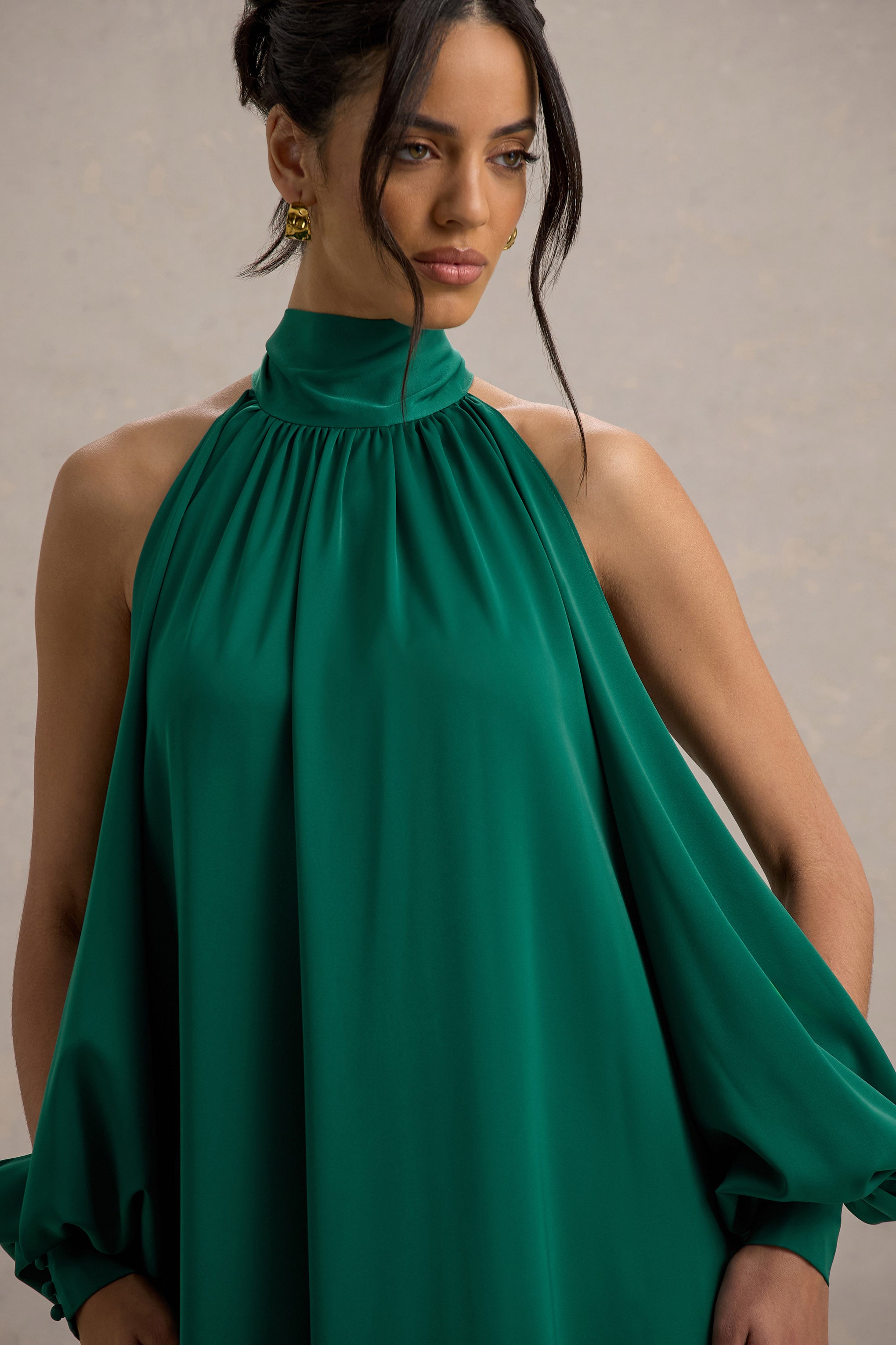 Baila | Bottle Green Satin High-Neck Cape-Sleeve Maxi Dress