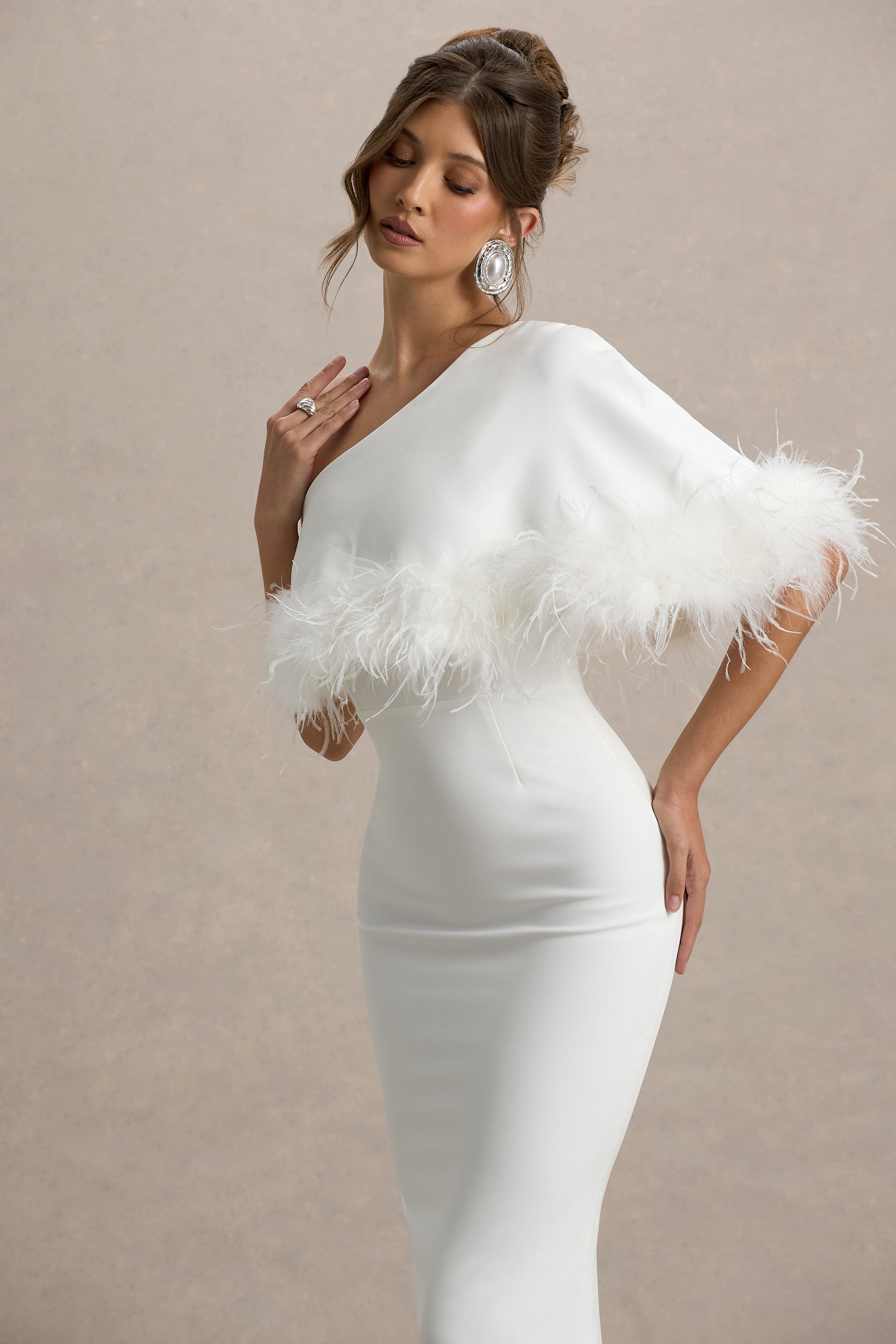 Valor | White Asymmetric Maxi Dress With Feather Trim
