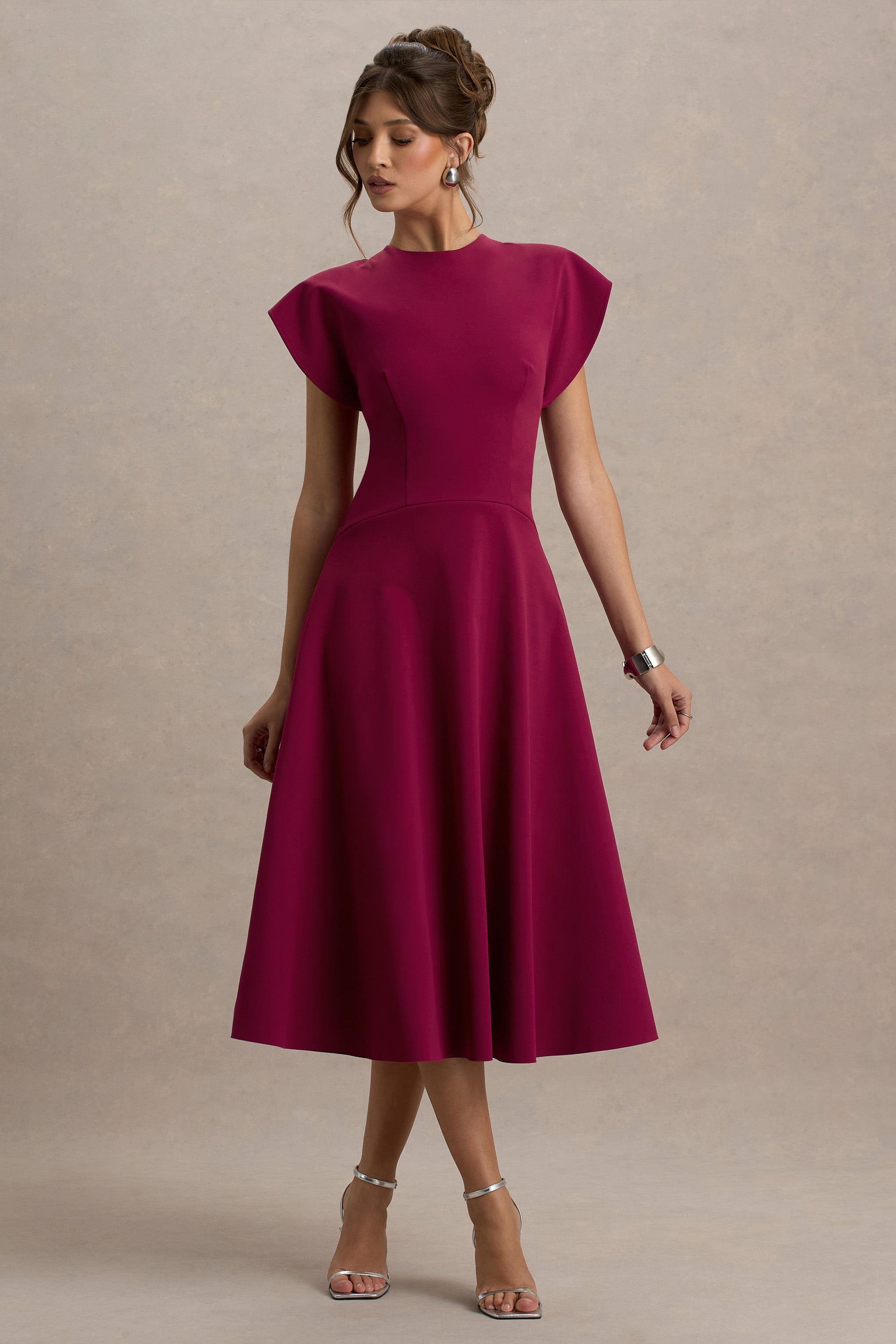 Linda | Dark Cherry Crew-Neck Cap-Sleeve Midi Dress
