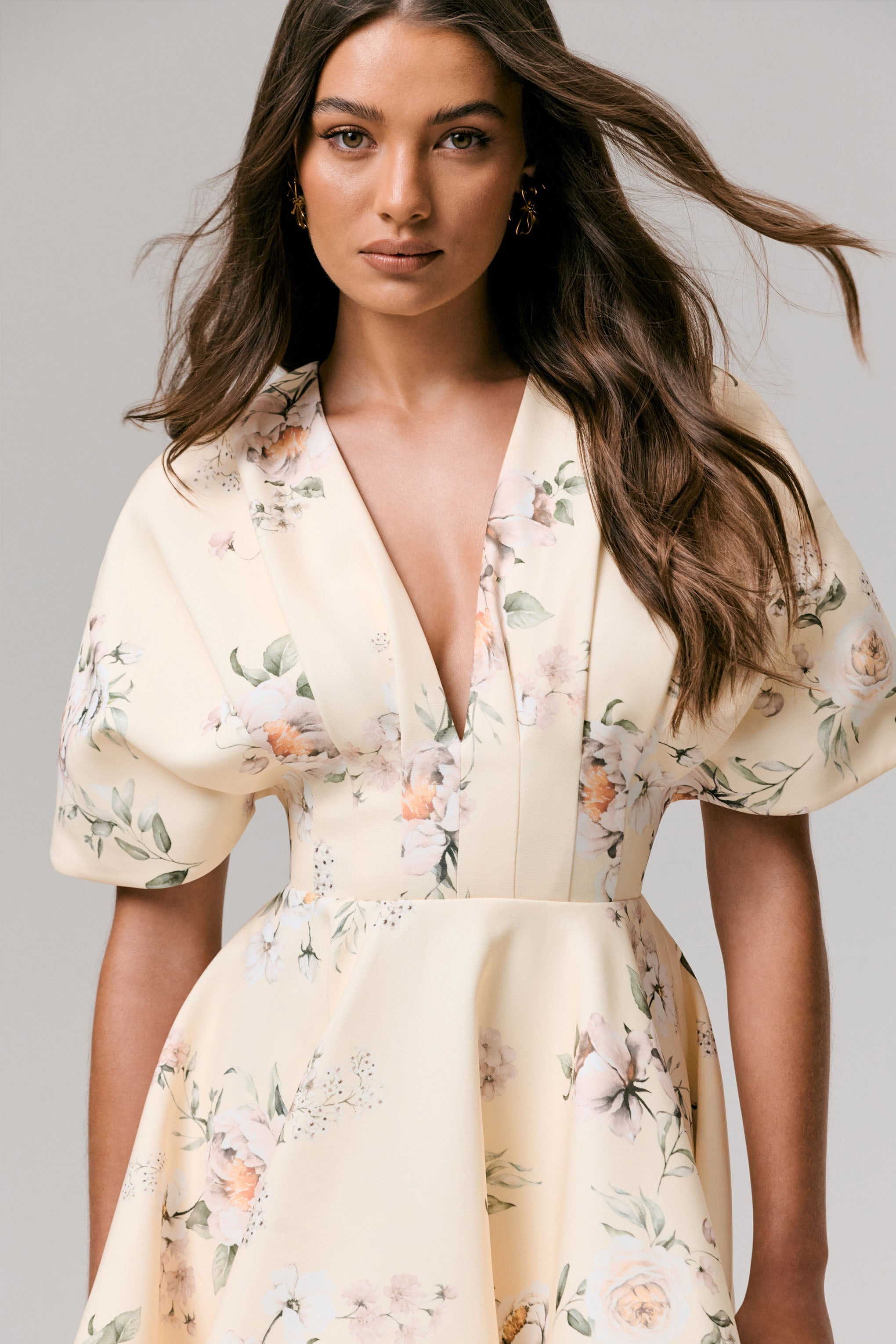 Delight | Lemon Print Plunge-Neck Ruffled Mini Dress