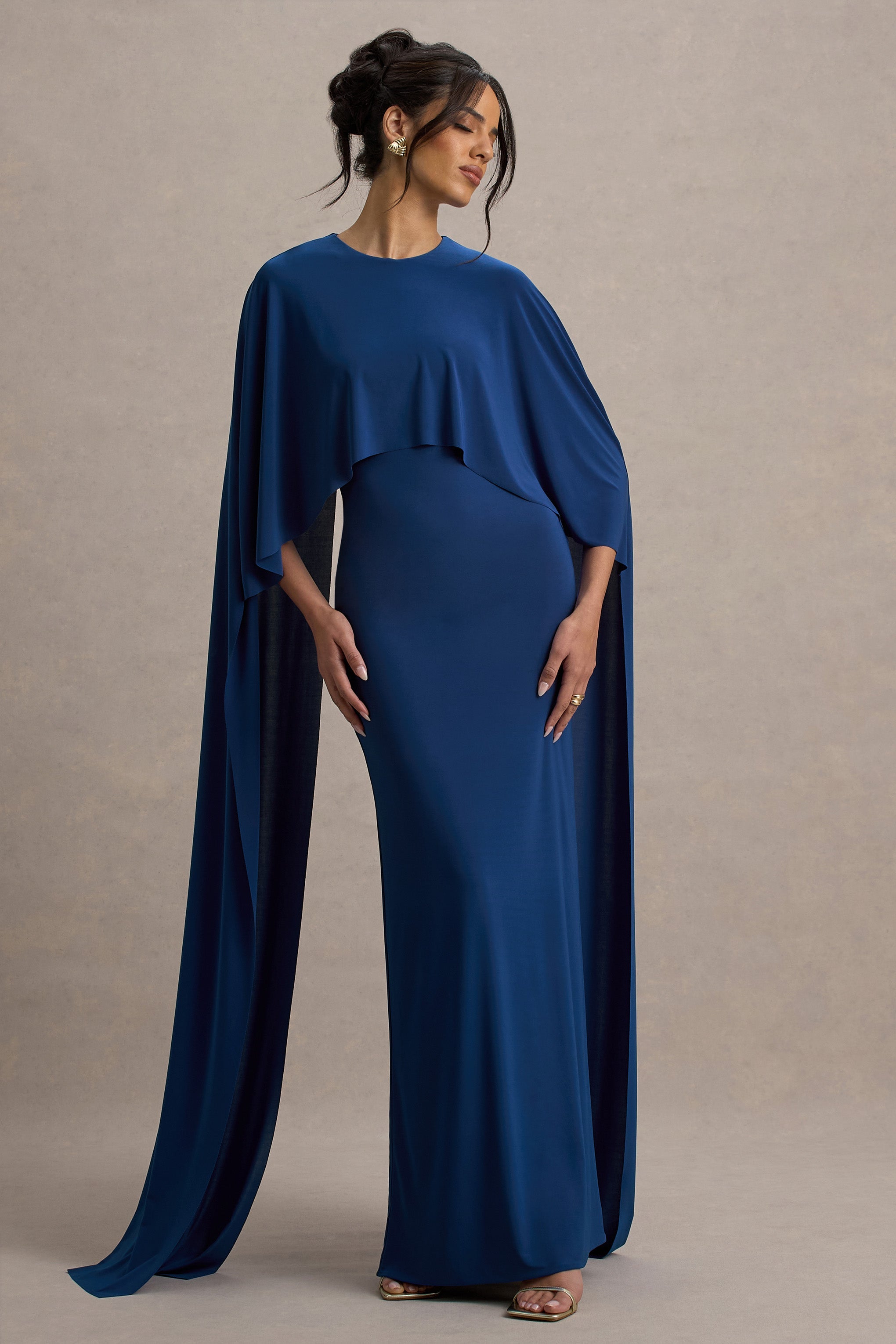 Padma | Blue Draped Maxi Dress With Cape Sleeves