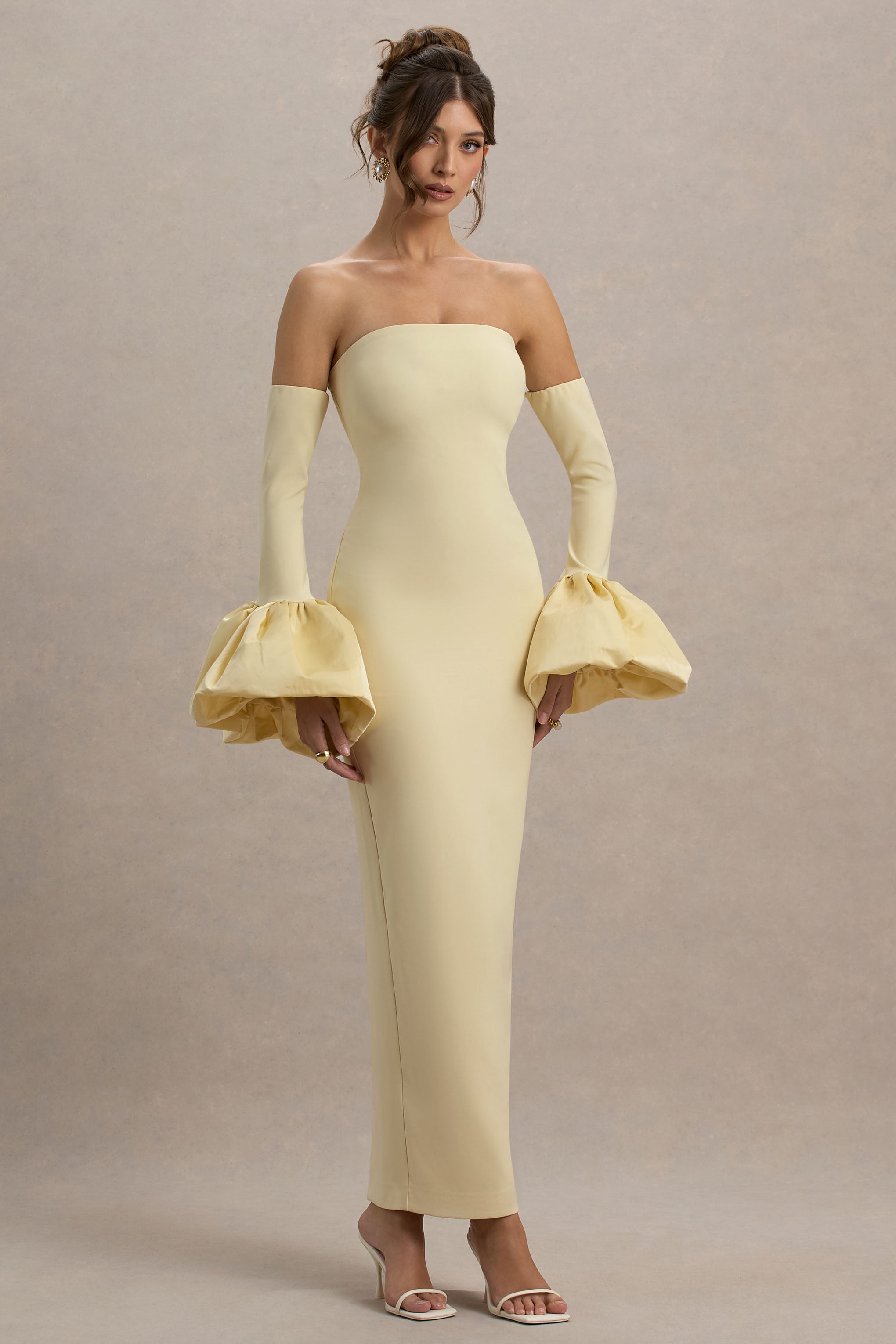 Myah | Lemon Bandeau Long-Sleeve Maxi Dress With Puff Cuffs