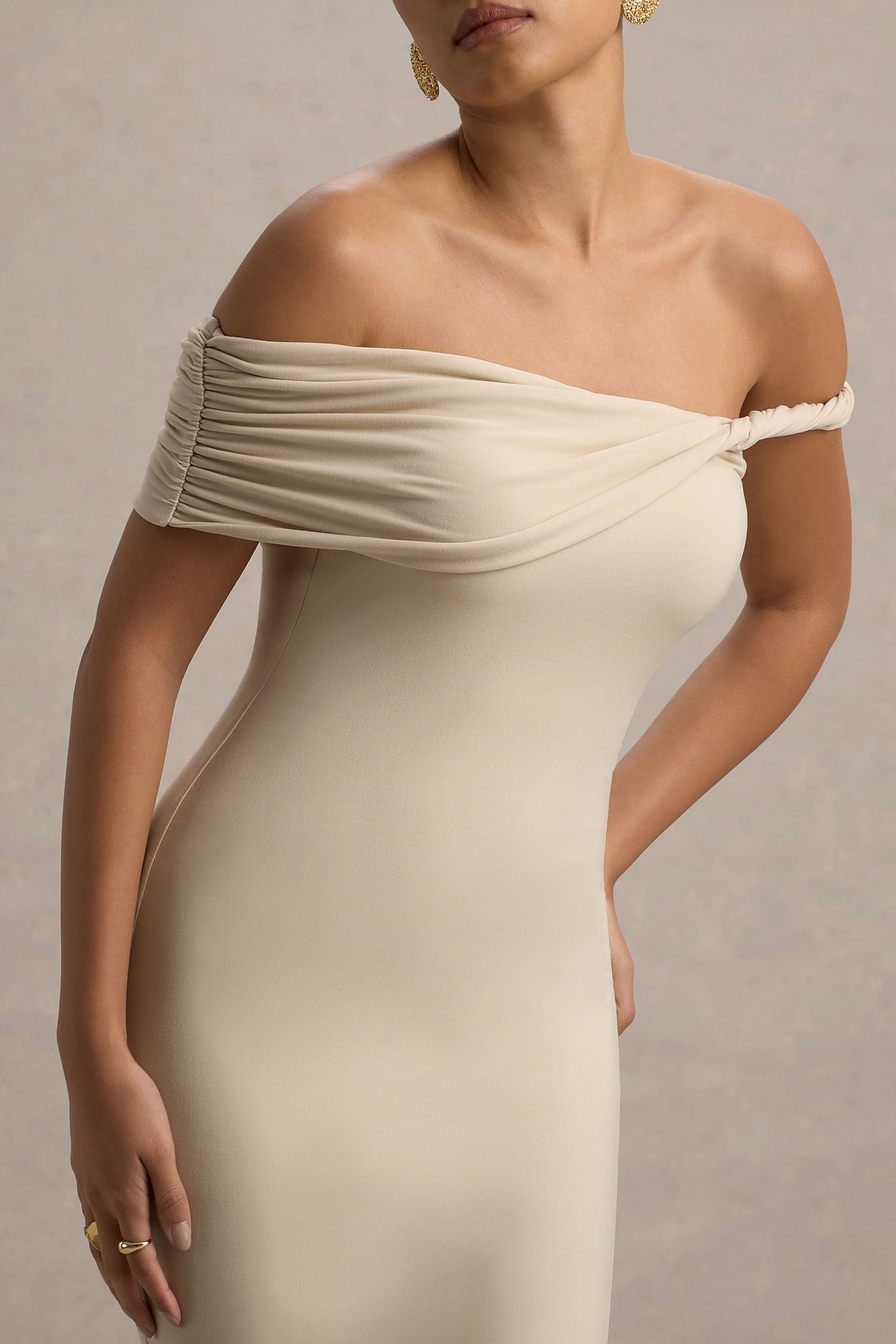 Skye | Sand Twisted Bardot Midi Dress