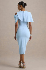 Dorothea | Blue Draped Midi Dress With Cape