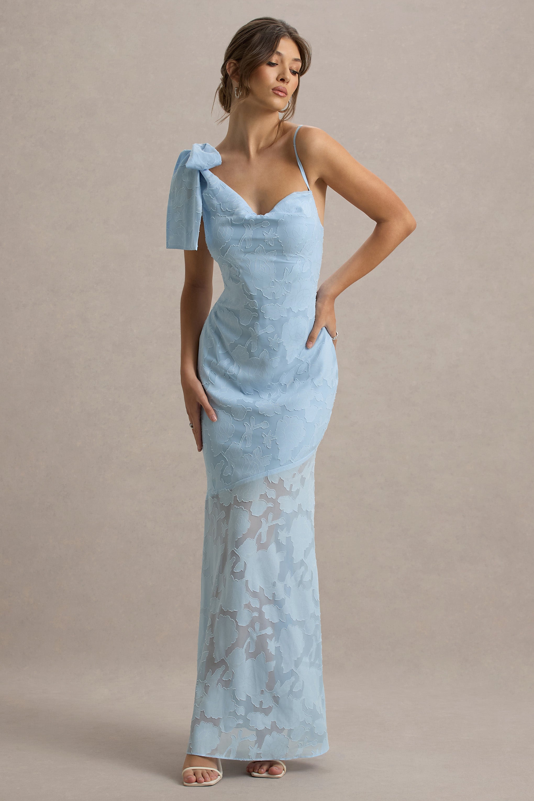 Chyna | Light Blue Cowl-Neck Maxi Dress With Bow Strap