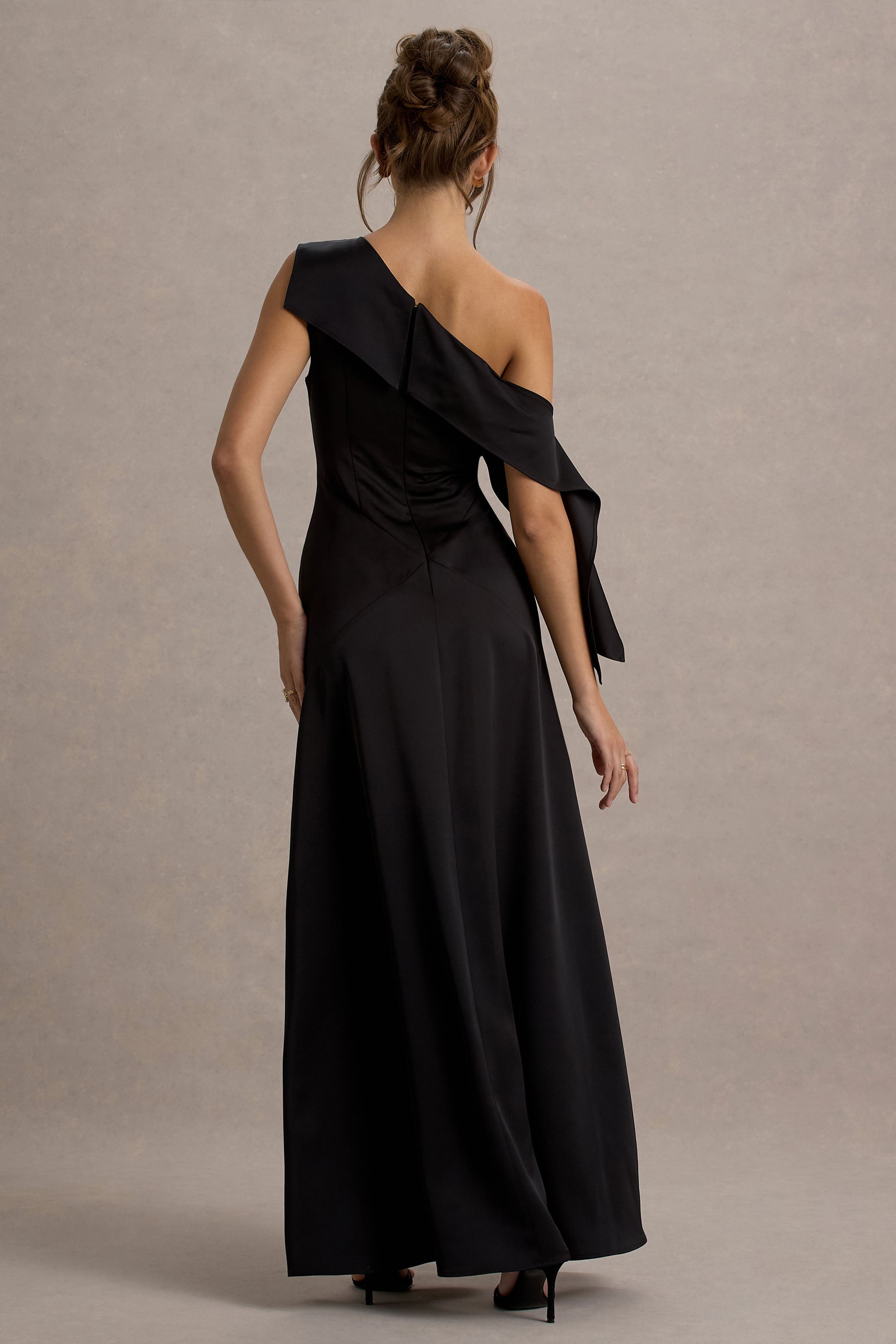 Nicola | Black Satin Asymmetric Bardot Draped Maxi Dress
