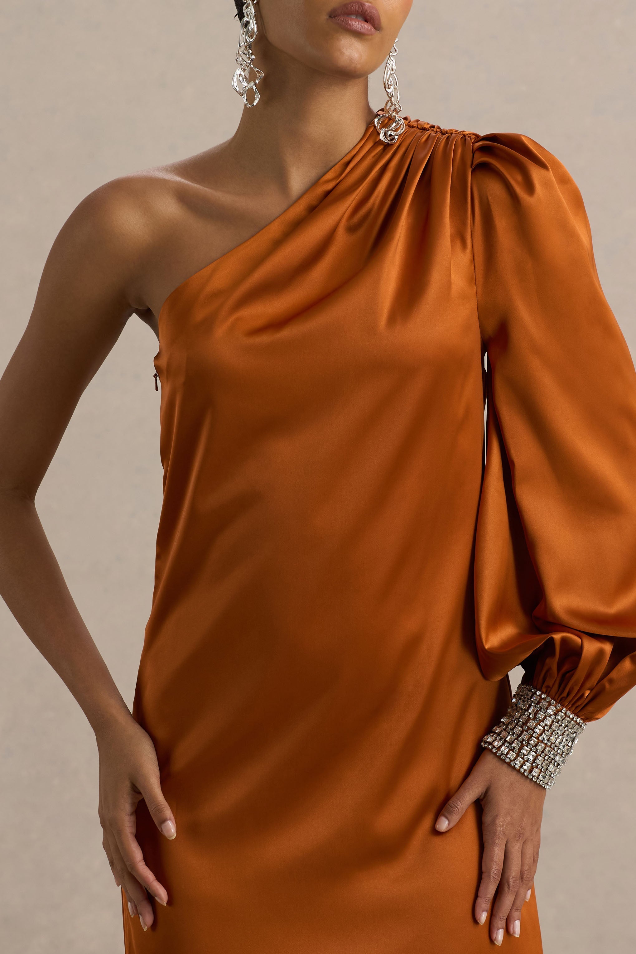 Thelma | Orange Satin Asymmetric Maxi Dress With One-Sleeve