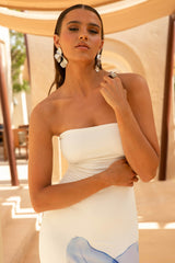 Ceremony | Soft Blue Placement Floral Print Bandeau Fishtail Maxi Dress