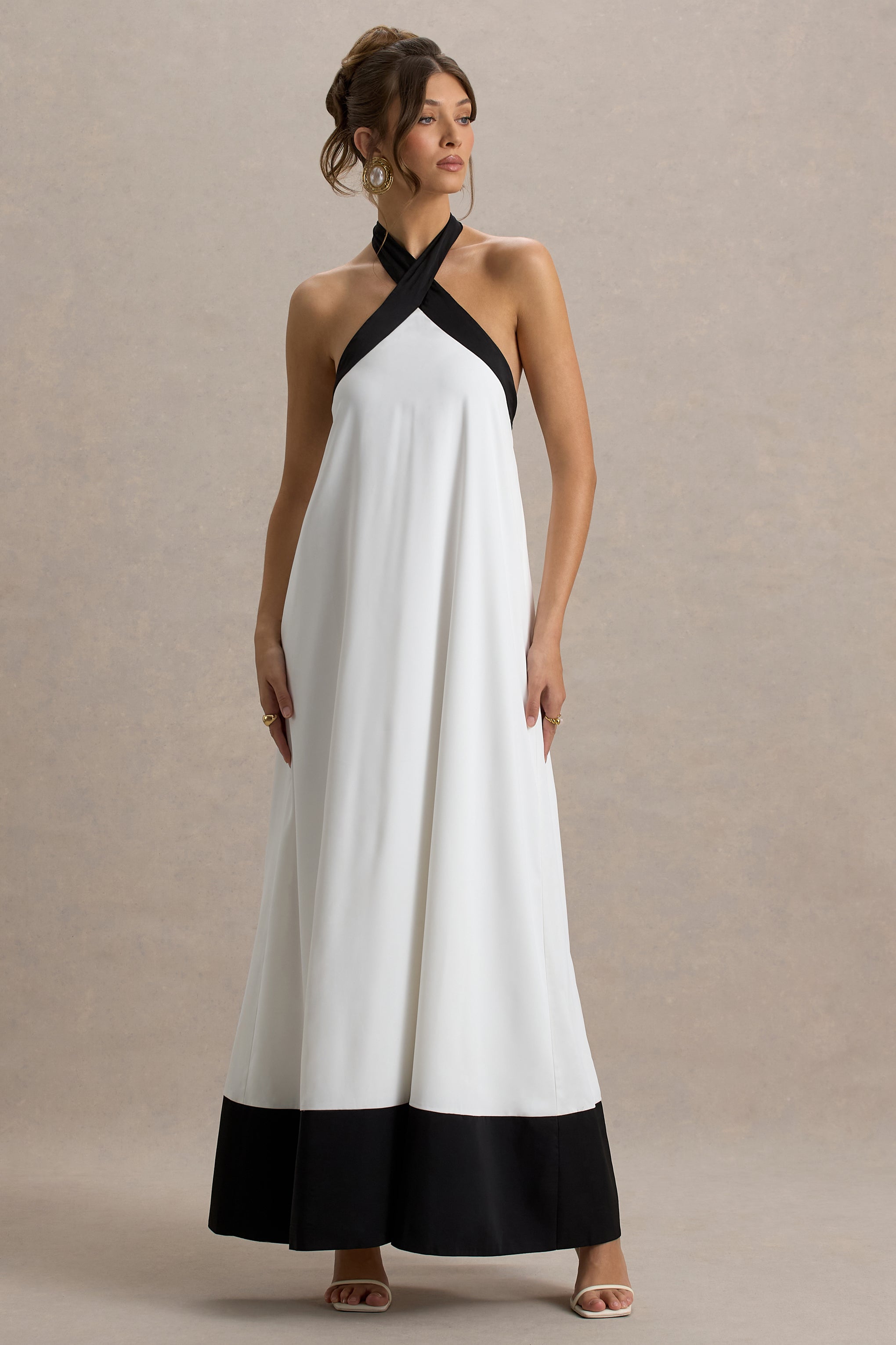 Clarabella | White & Black Halter-Neck Maxi Dress