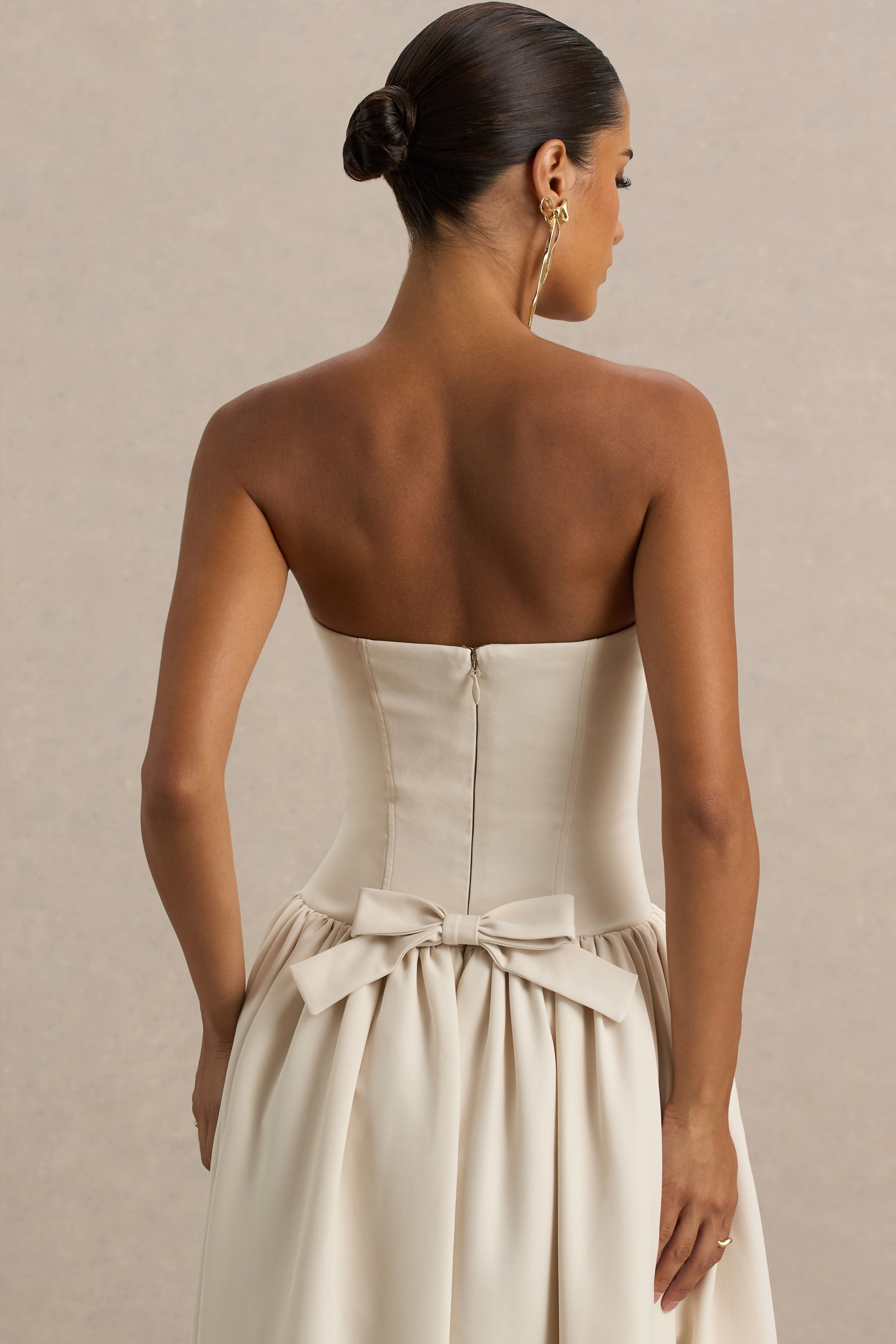 Candice | Cream Bandeau Volume Midi Dress With Back Bow Detail