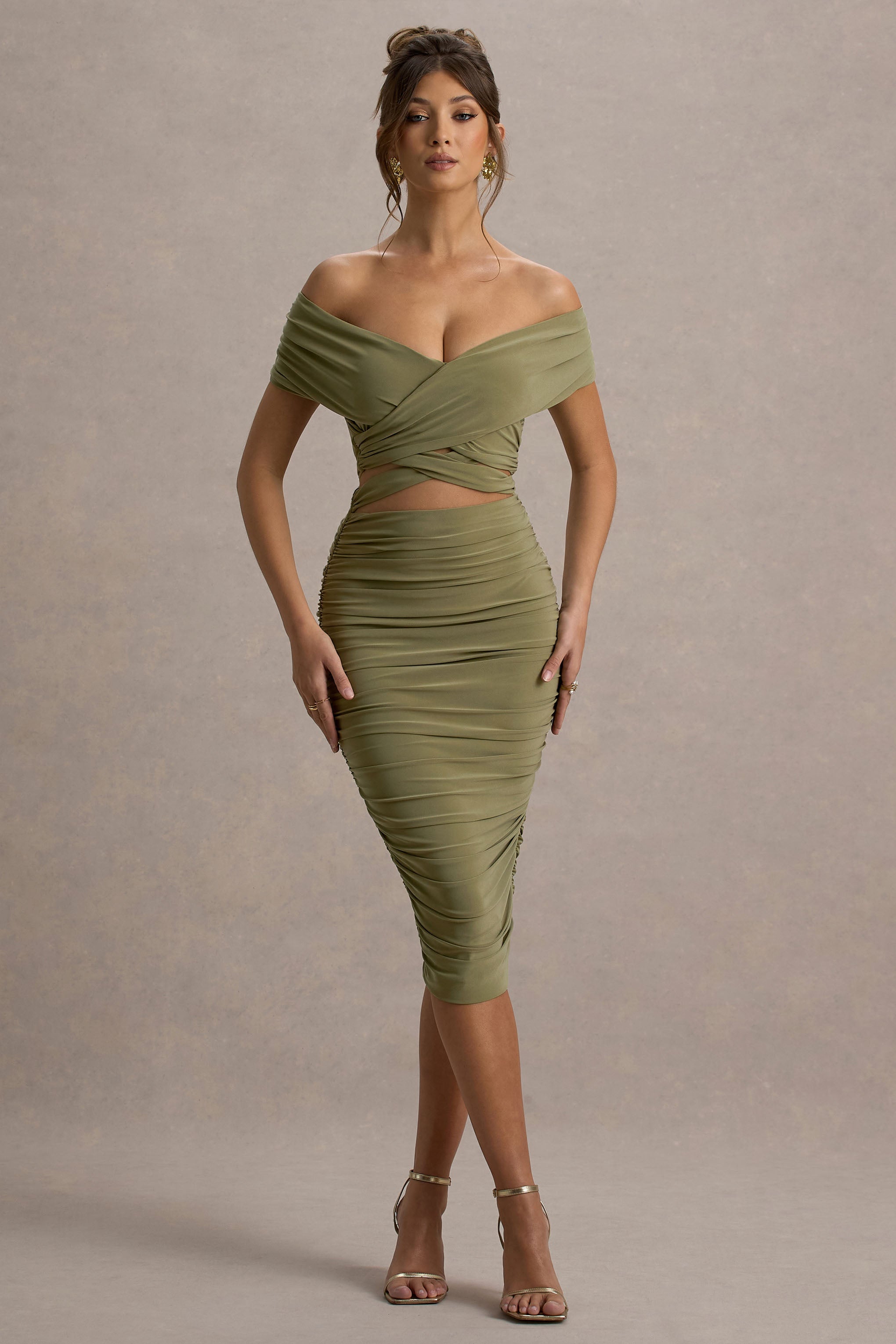 Clovette | Olive Ruched Bardot Cut-Out Midi Dress