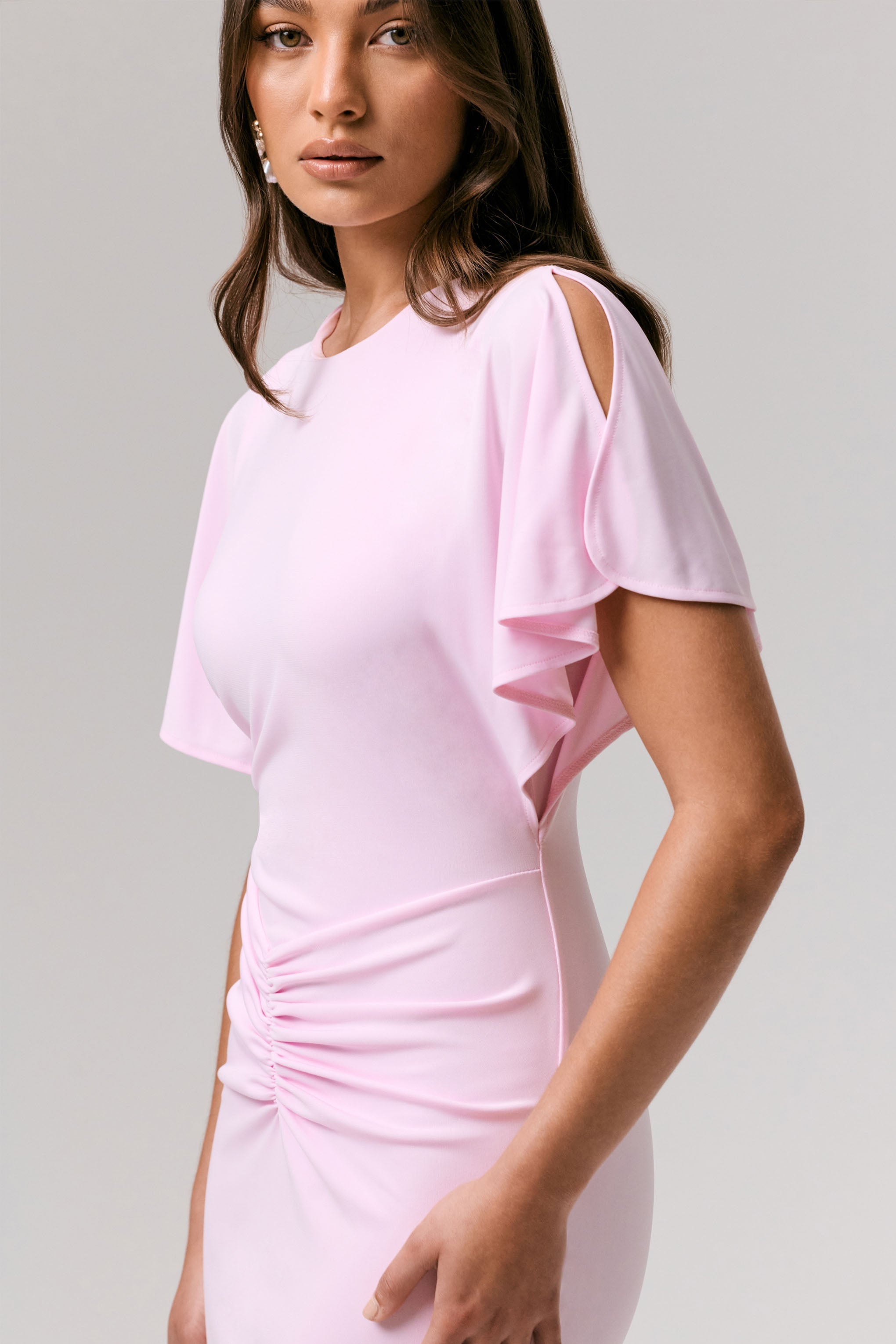 Grandeur | Pale Pink High-Neck Ruched Maxi Dress