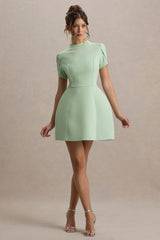 Carabella | Light Green High-Neck Short-Sleeve Mini Dress