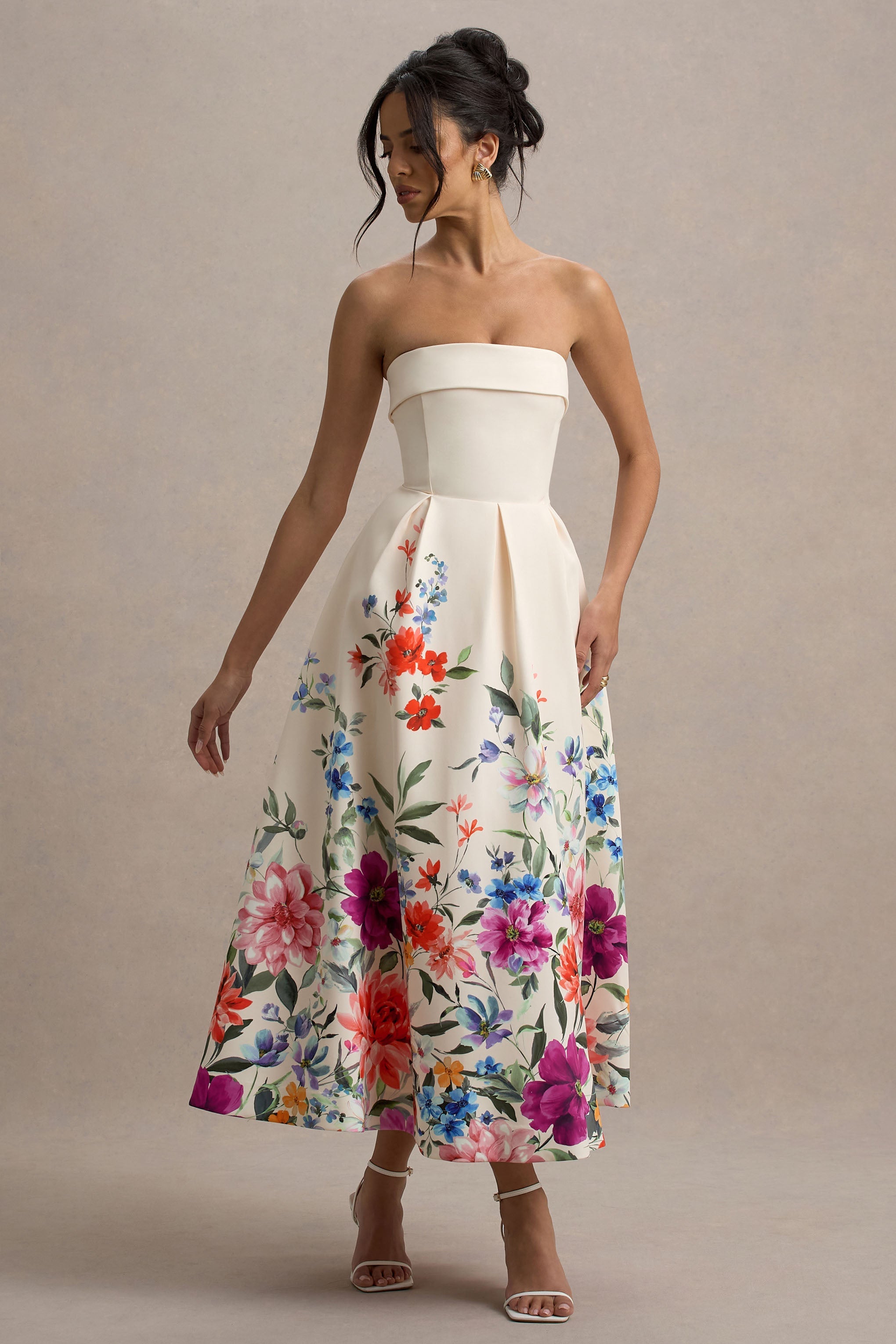 Annalise | Light Pink Floral Print Bandeau Skater Midi Dress