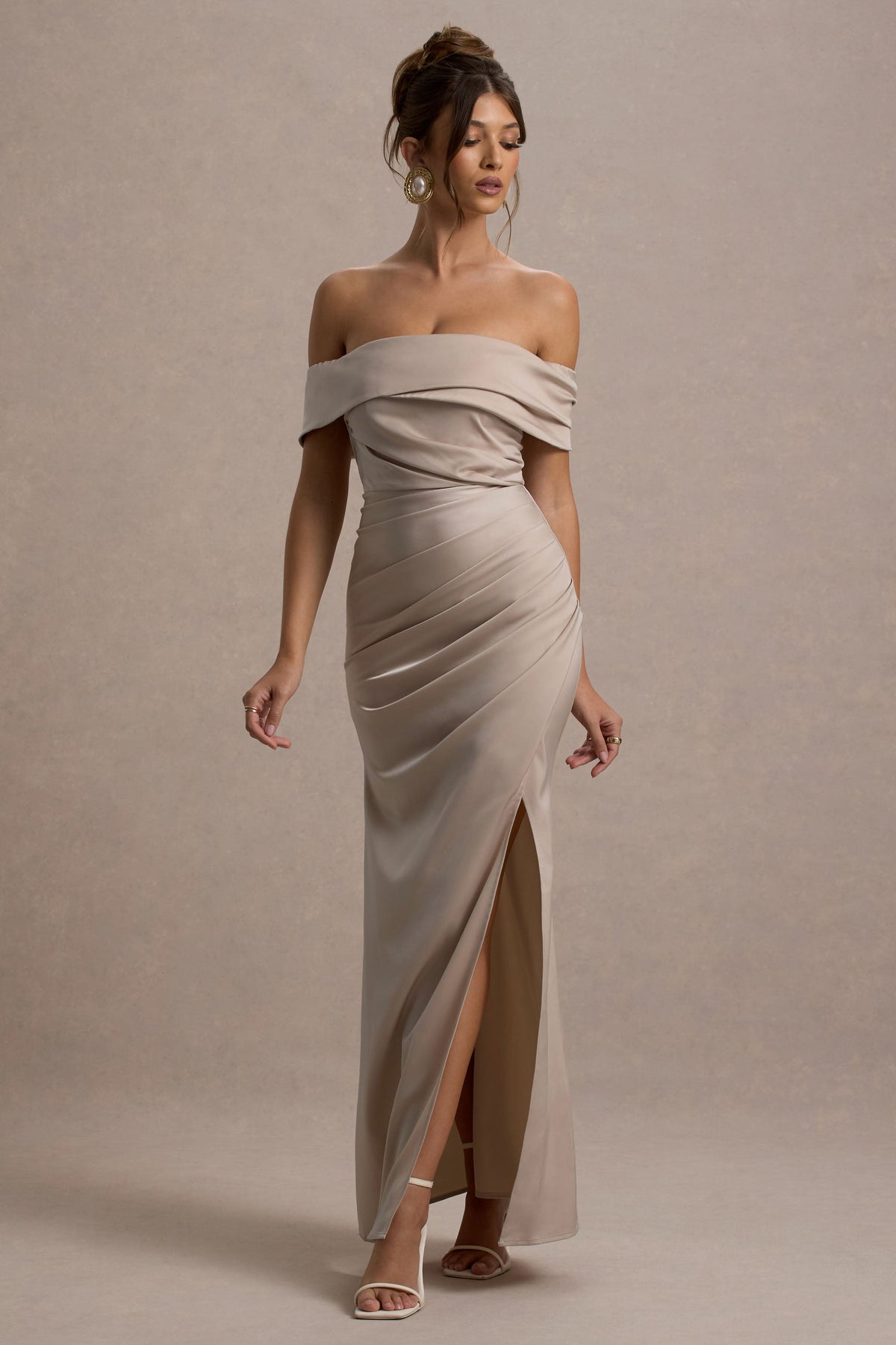 Martine | Champagne Satin Bardot Wrap Maxi Dress