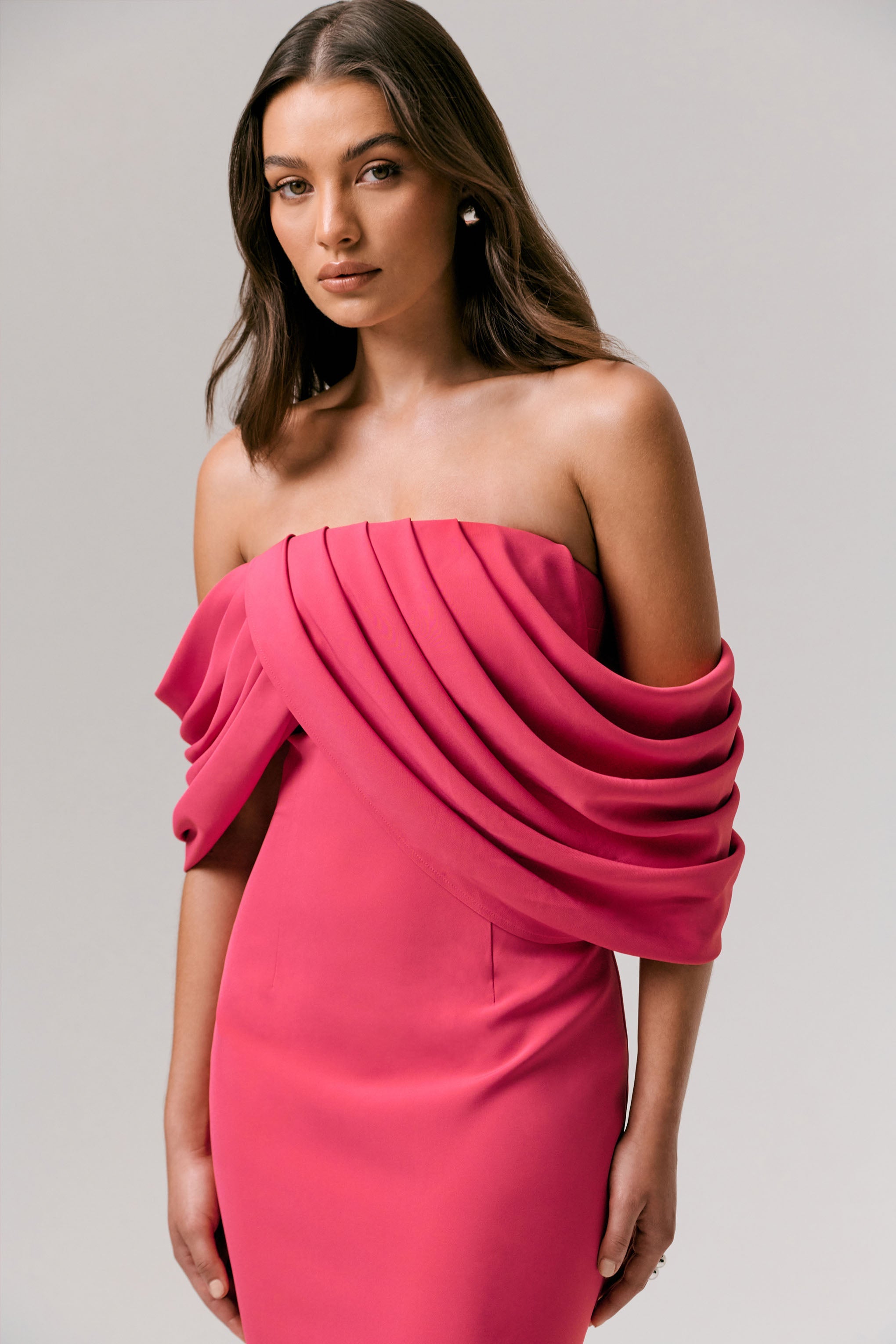 Serene | Hot Pink Draped Bardot Maxi Dress