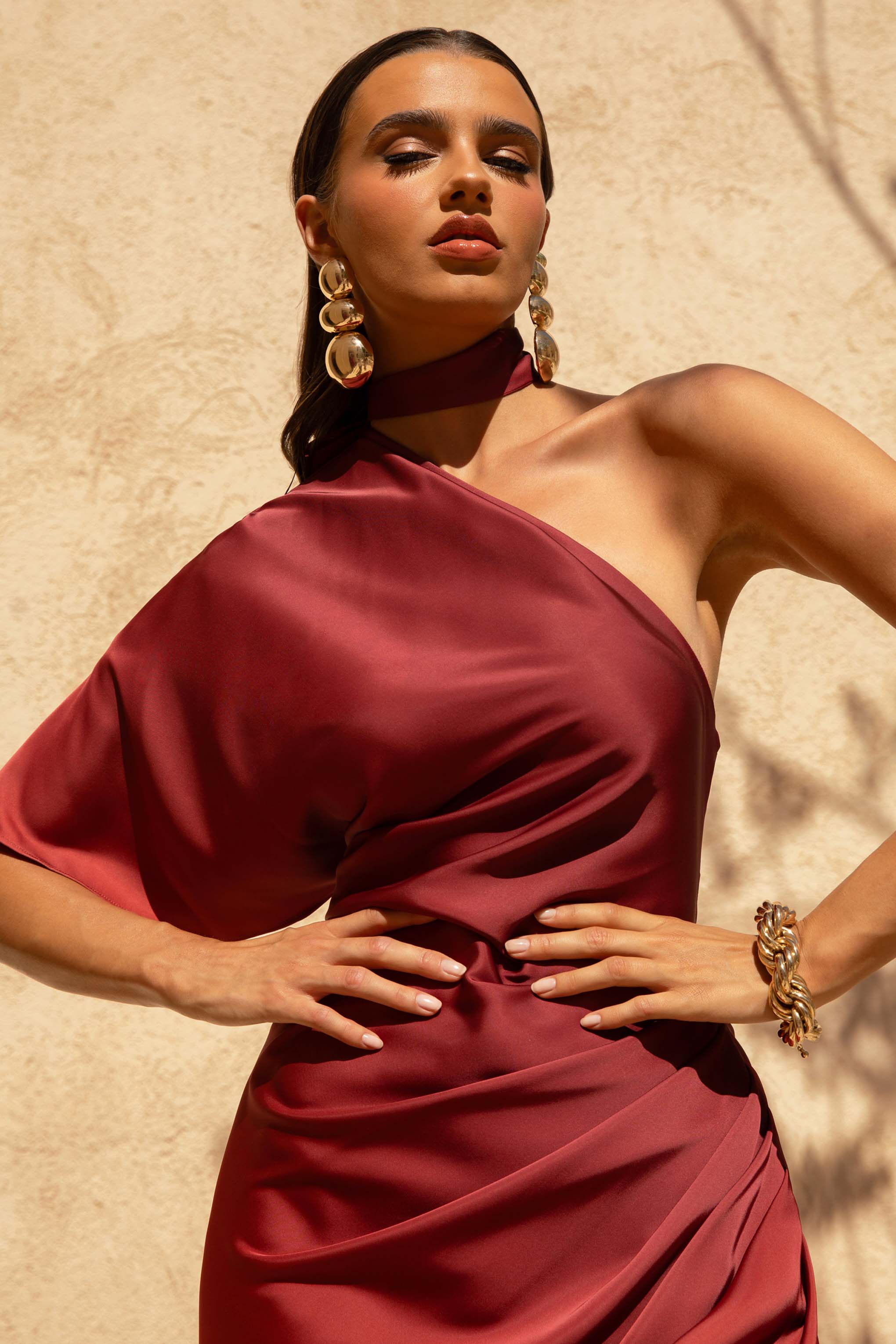 Coralie | Red and Orange Ombre Satin Asymmetric Maxi Dress