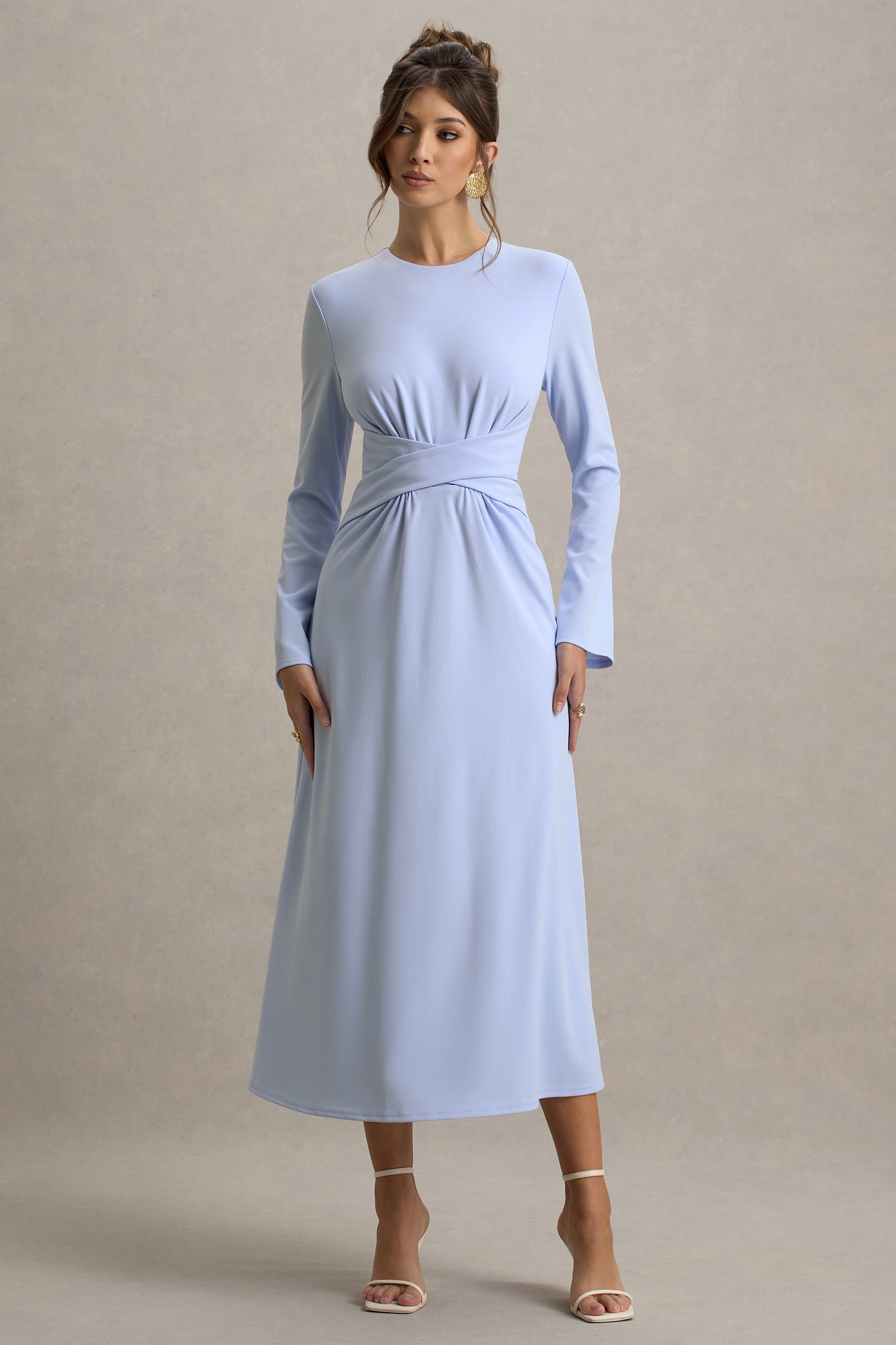 Cassiopeia | Light Blue Long-Sleeve Midi Dress With Cross Waist