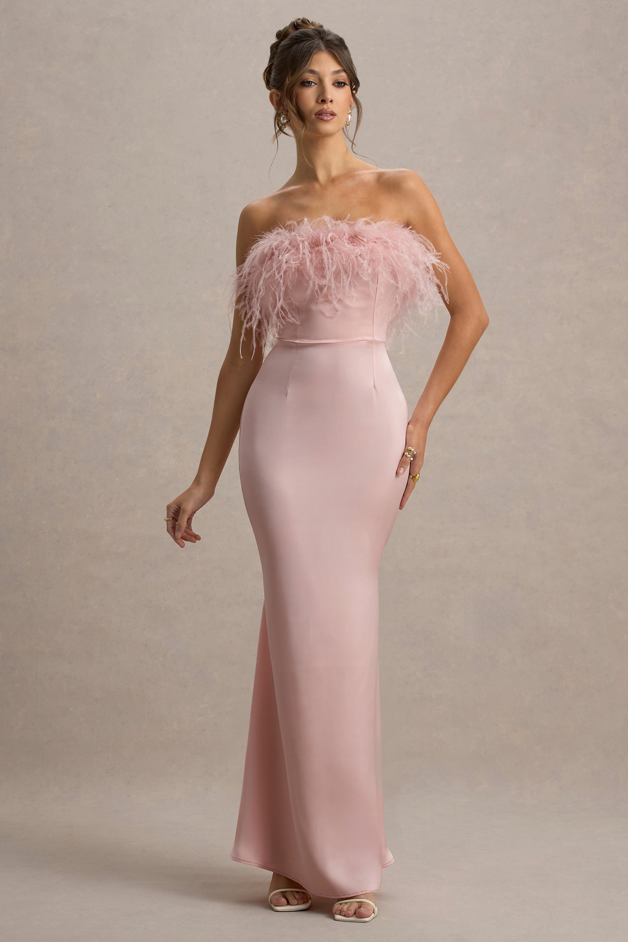 Dress For It | Pale Pink Satin Feather Trim Bandeau Maxi Dress