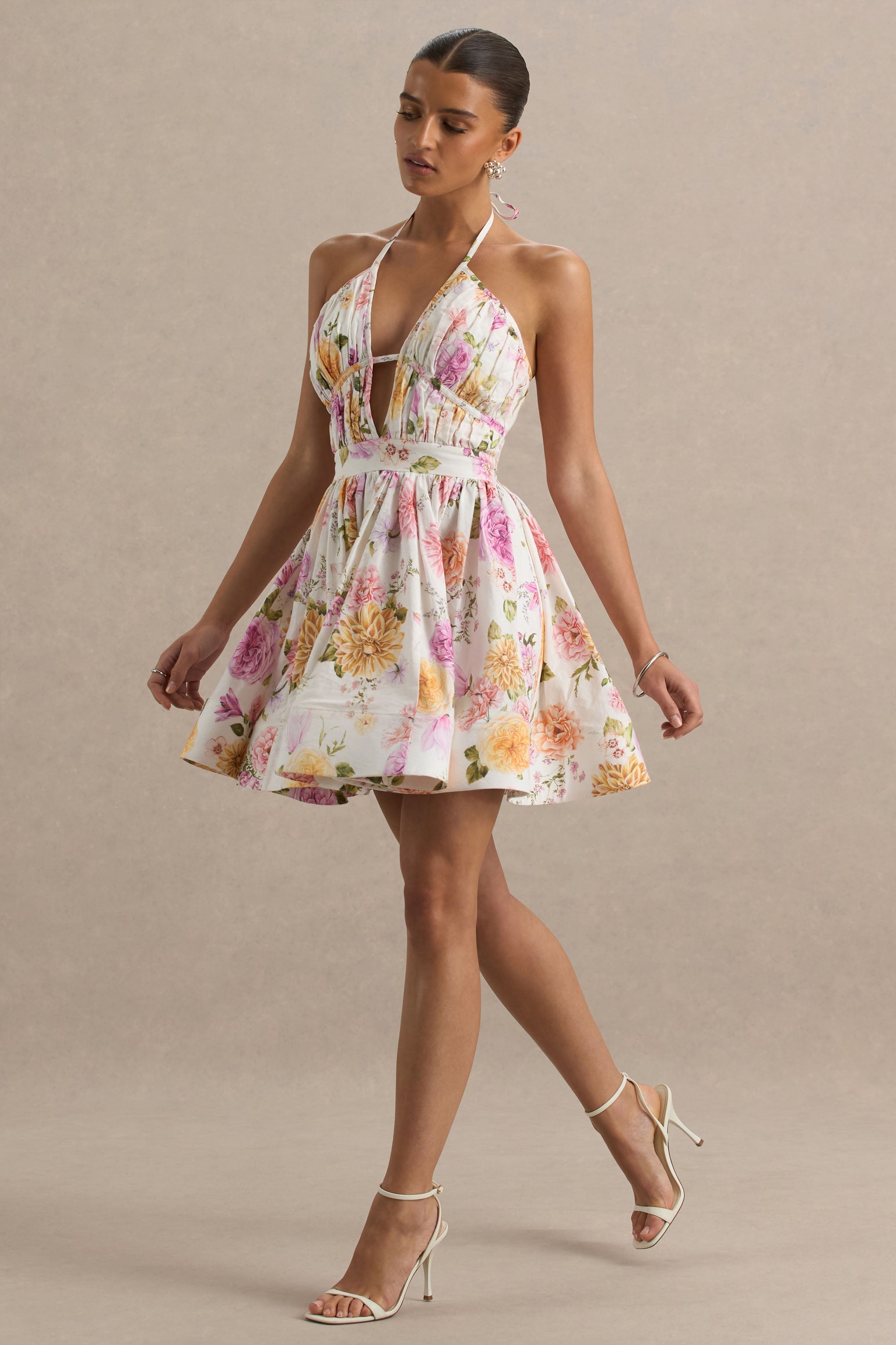 Kasey | Cream Floral Print Halter-Neck Mini Dress With Ruffle Detail