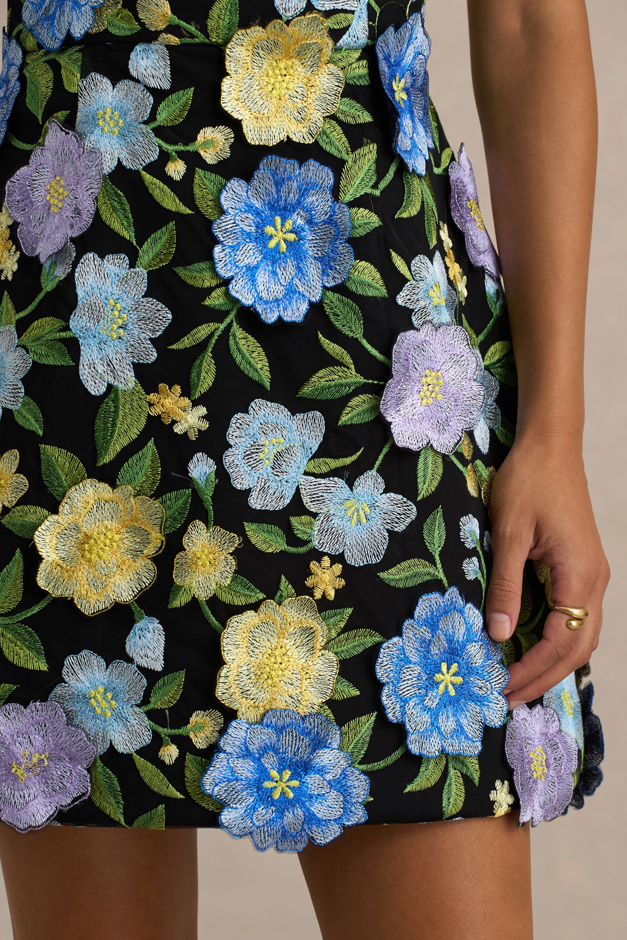 Aisha | Black Floral Embellished Square-Neck Mini Dress