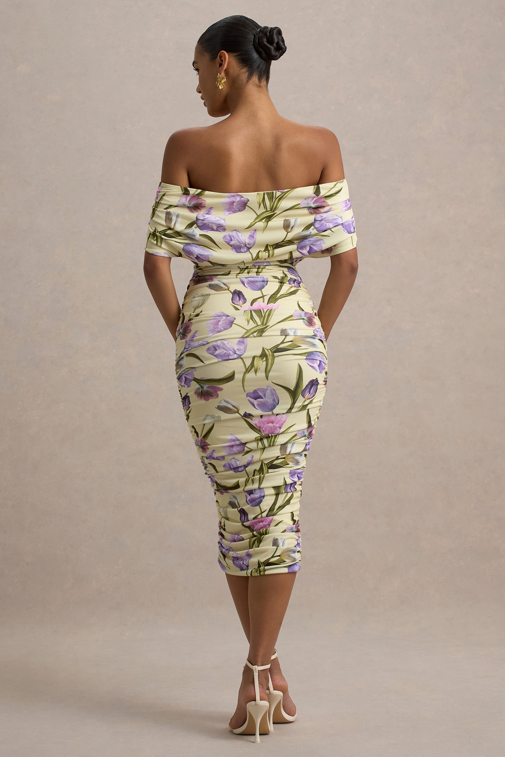Rayleigh | Tulip Floral Print  Bardot Ruched Midi Dress