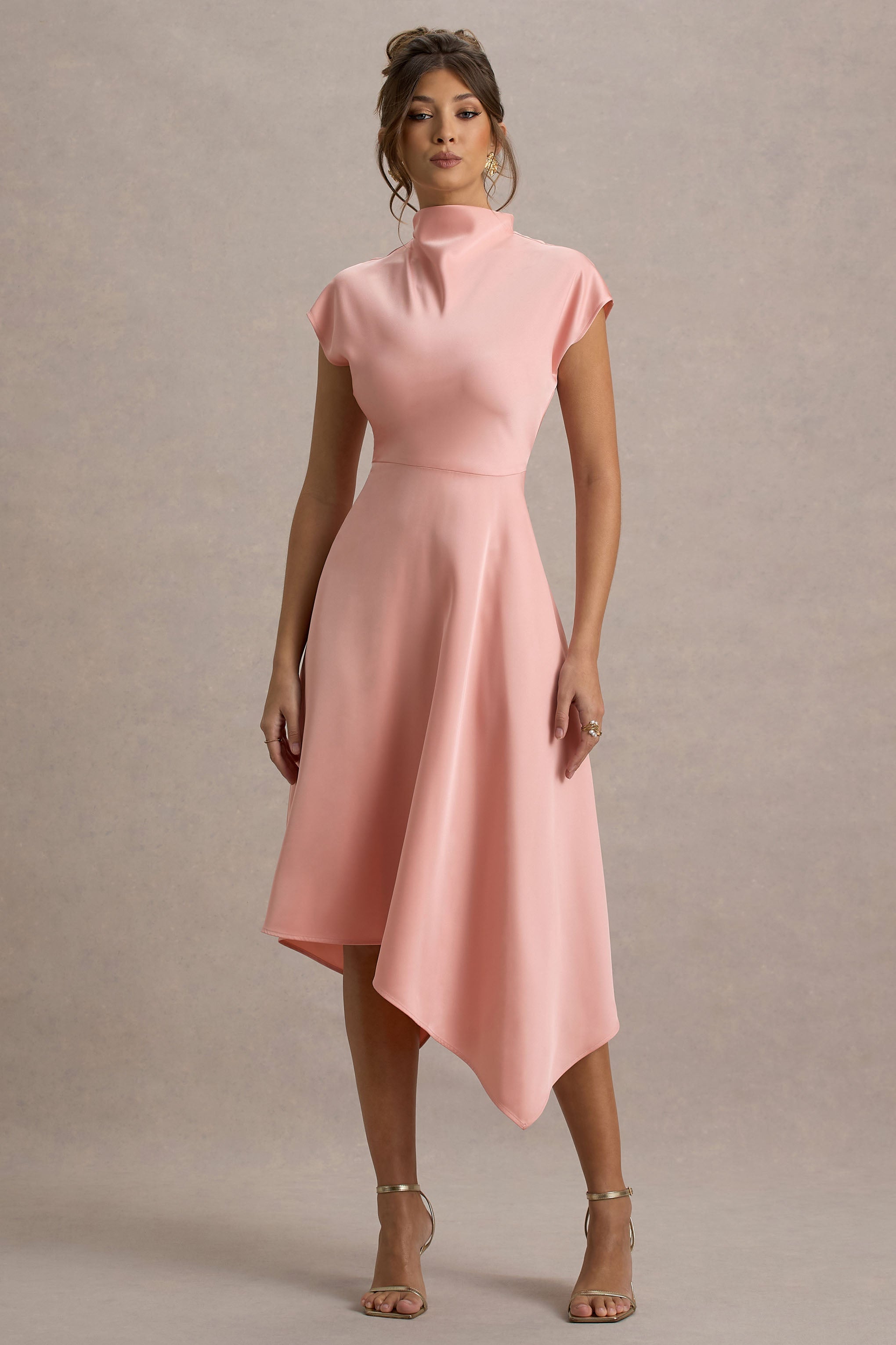 Velma | Light Pink Satin Midi Dress With Draped Hem